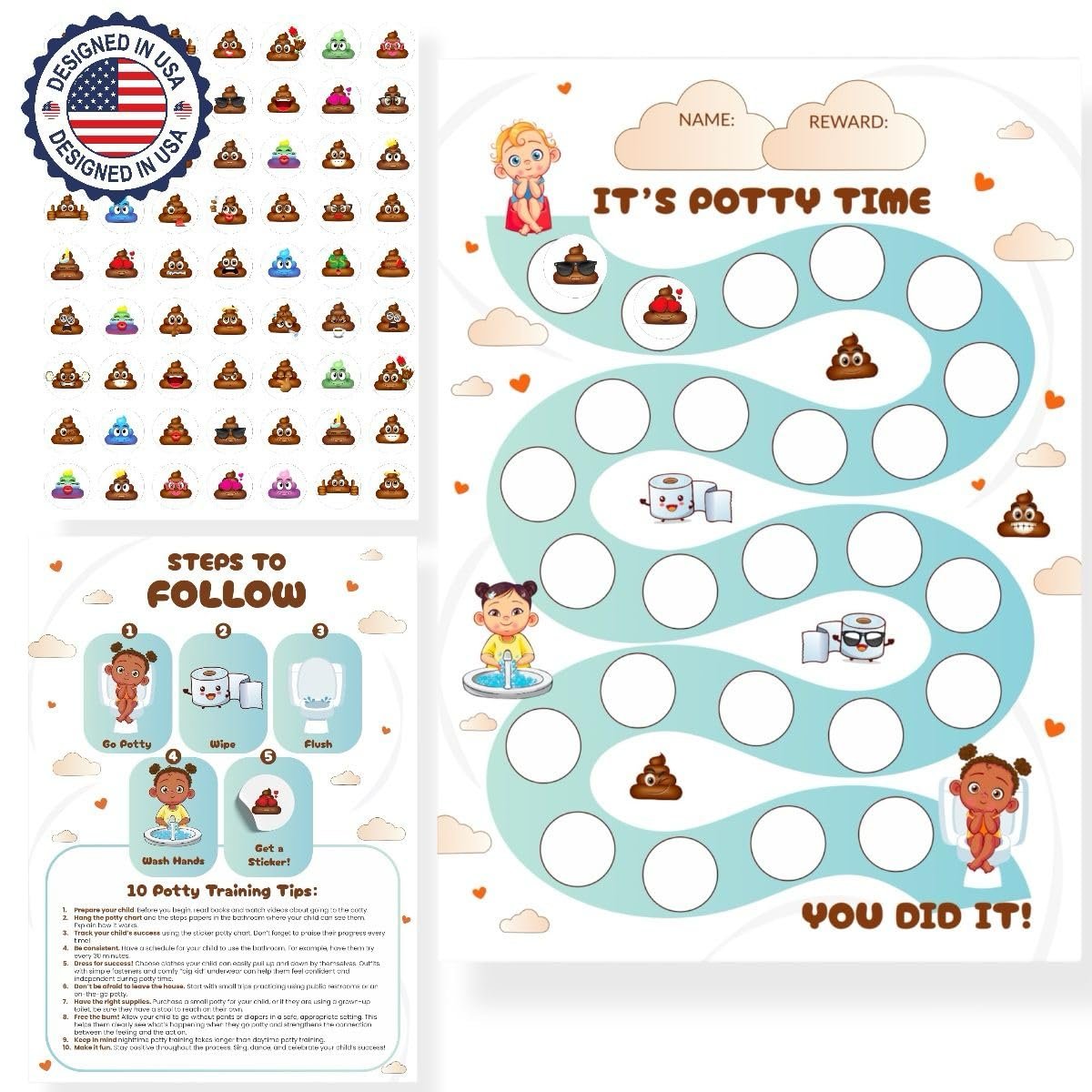 Potty Training Chart for Toddlers Boys and Girls with 250+ Reward Stickers | 10 Potty Charts & 250+ Poop Reward Stickers for Toilet Training Success, Motivation & Daily Progress