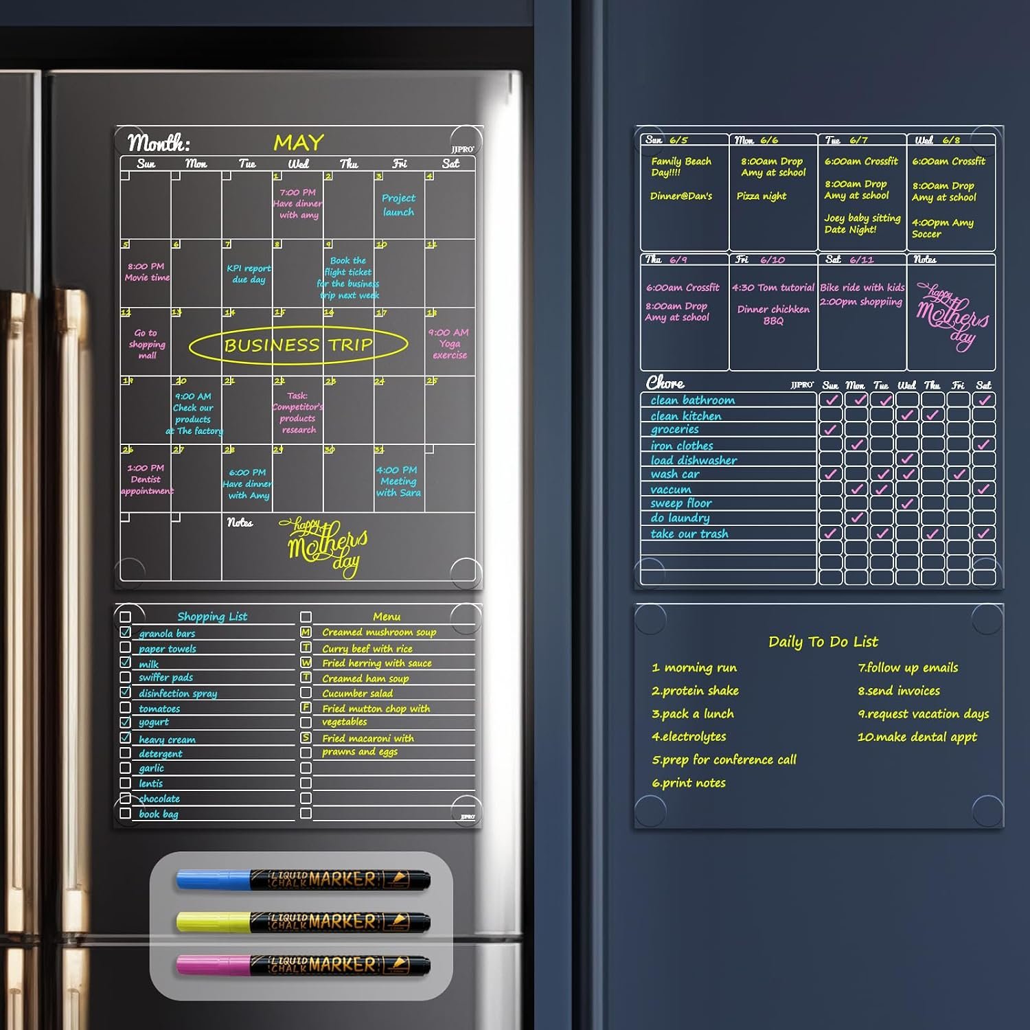 JJPRO Non-Magnetic Dry Erase Calendar – Monthly & Weekly Chart, List & Blank Board for Smooth Surfaces. Clear Reusable Calendar Sticks to Fridge, Cabinet, Door & Glass