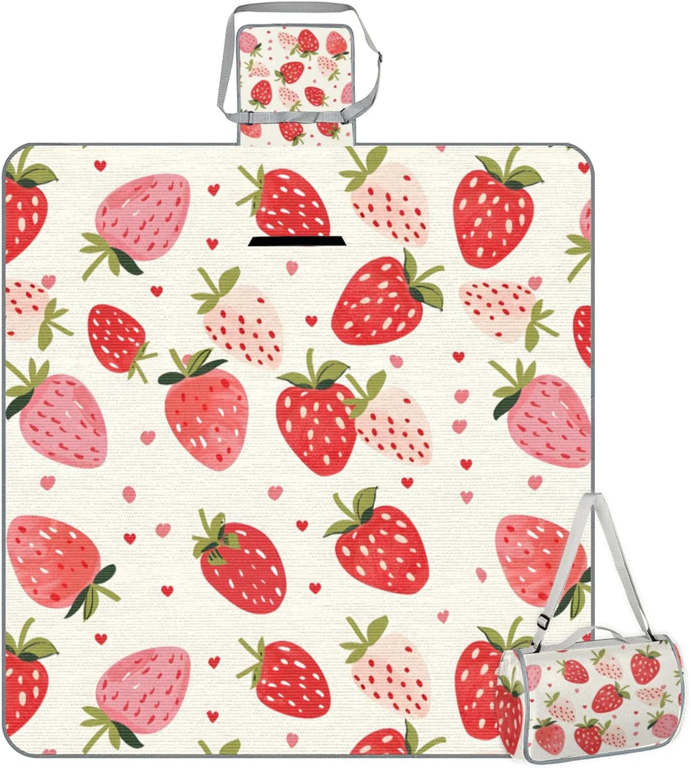 Picnic Blankets Waterproof Rug, 59 * 57inch Outdoor Camping Blanket Portable with Carry Strap, Packable Beach Blanket Sandproof, Family Camping Mat for Grass Concert, Park, Travel (Strawberry)