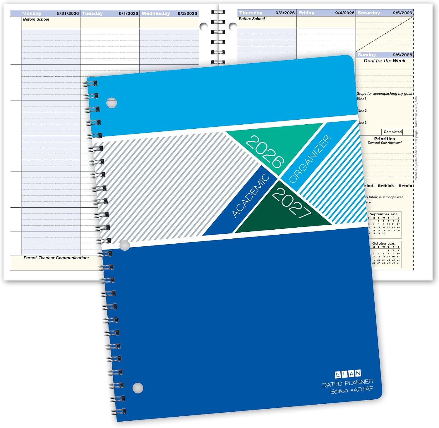 Elan Publishing Company Student Academic Organizer – 8.5″ x 11″ Weekly View; Dated for 2026-2027 Academic Year (Blue)