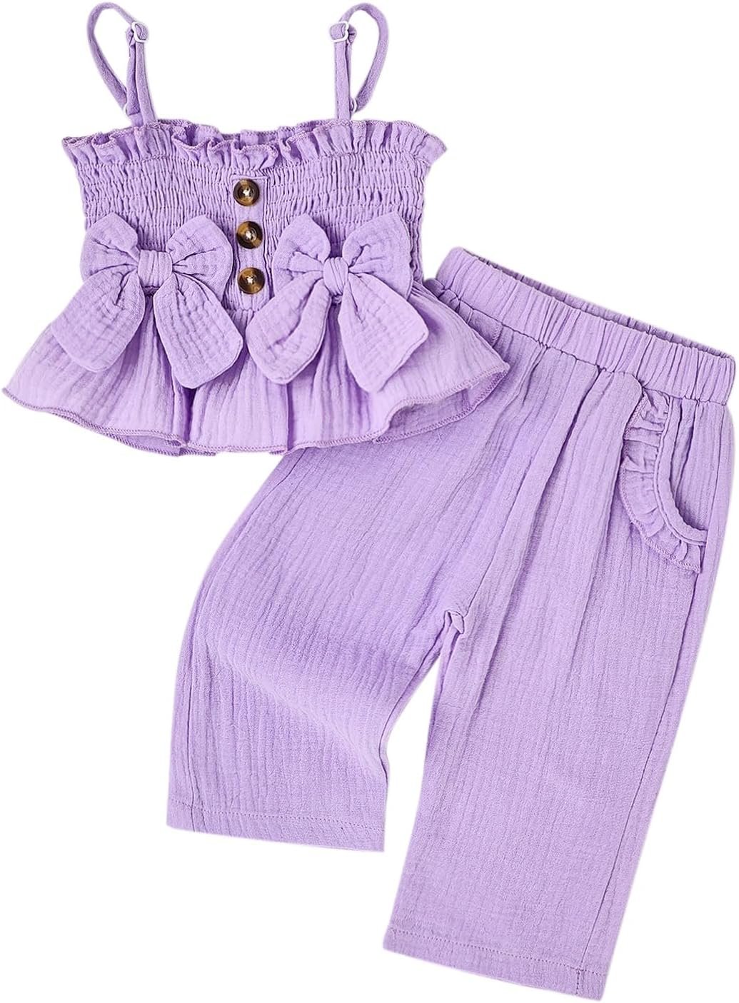 Toddler Baby Girl Clothes Summer Outfits Cute Bow Button Ruffle Camisole Pants Set 9-36 Months