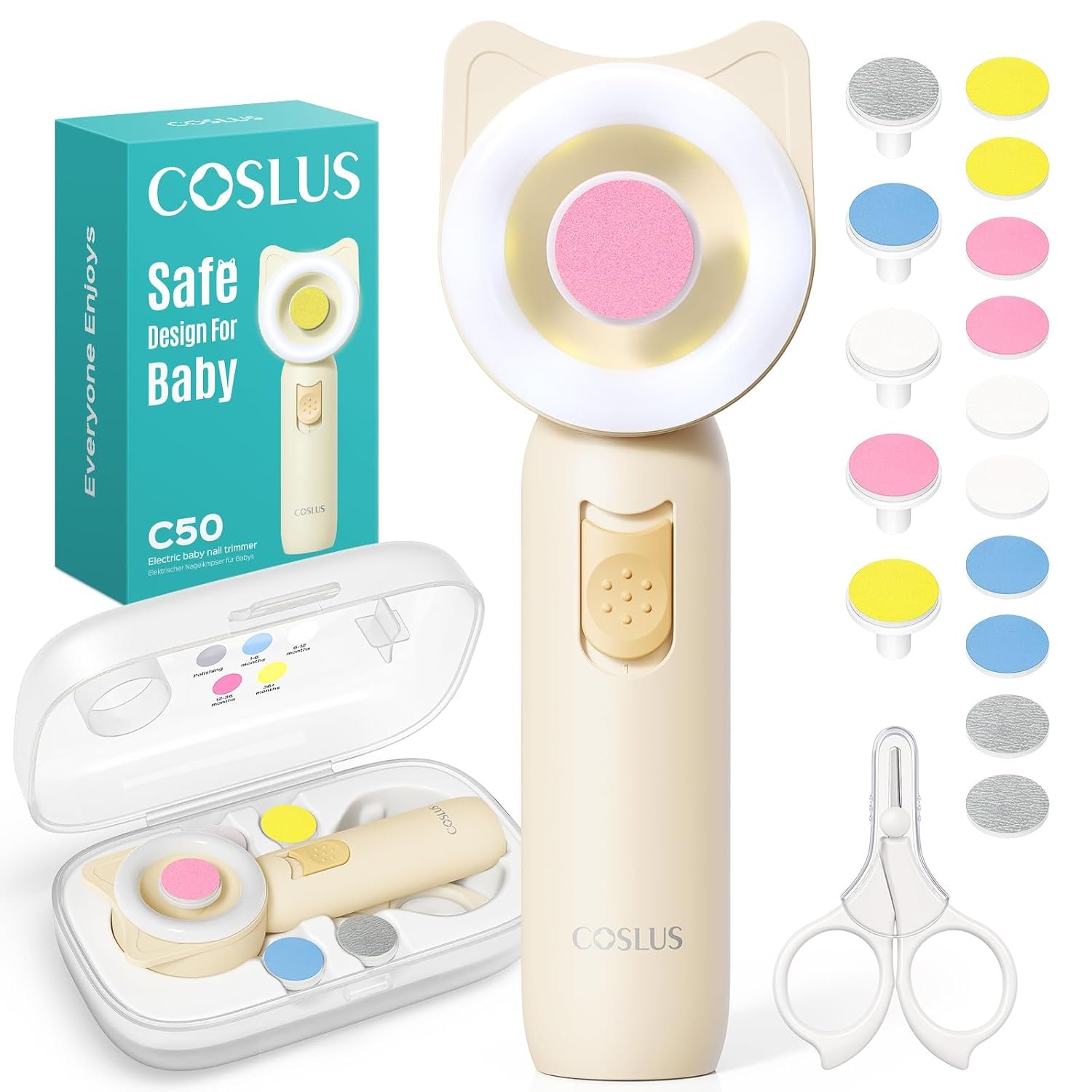 COSLUS C50 Baby Nail File, Baby Nail Trimmer Electric, Baby Nail Clipper – Gentle, Quiet with 360° Light, Safe for Sleep Time Grinding, 16-in-1 Kit for Newborn, Infant & Toddler, Lemon Yellow