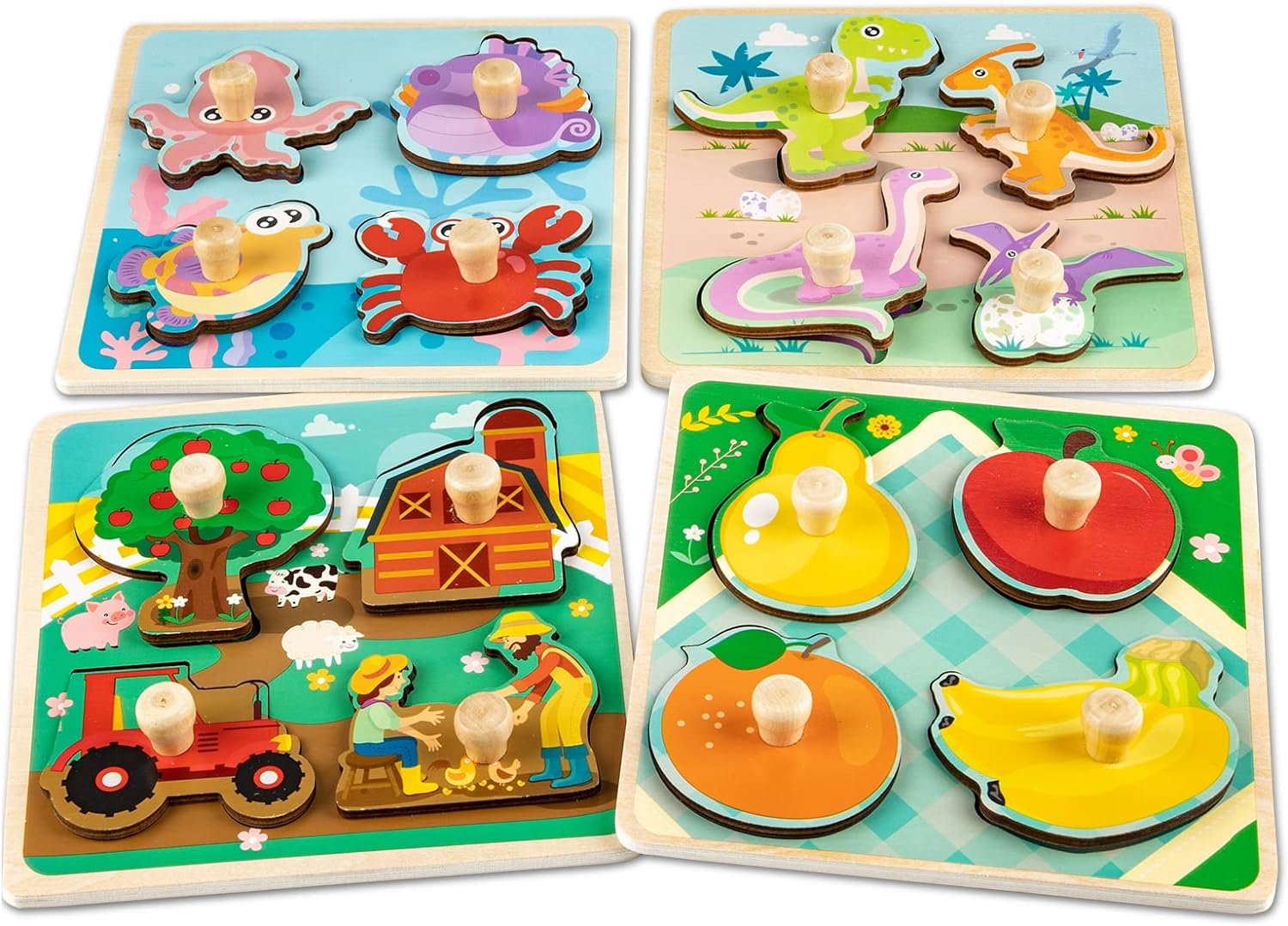 Wooden Toddler Puzzles – 4 Pcs Eco-Friendly Animal Patterns Jigsaw With Handles – Infant Kid Fine Motor Skill Learning Educational Montessori Toys for 1-3 Years Old