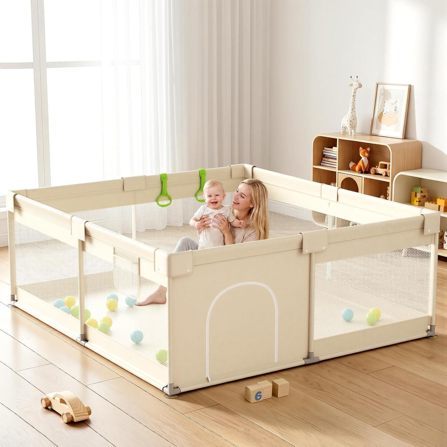 Uanlauo Beige Small Baby Playpen – 47x47in Playpen for Babies and Toddlers, Safe Indoor Play Pen, Baby Pen with Storage Bag and Breathable Mesh