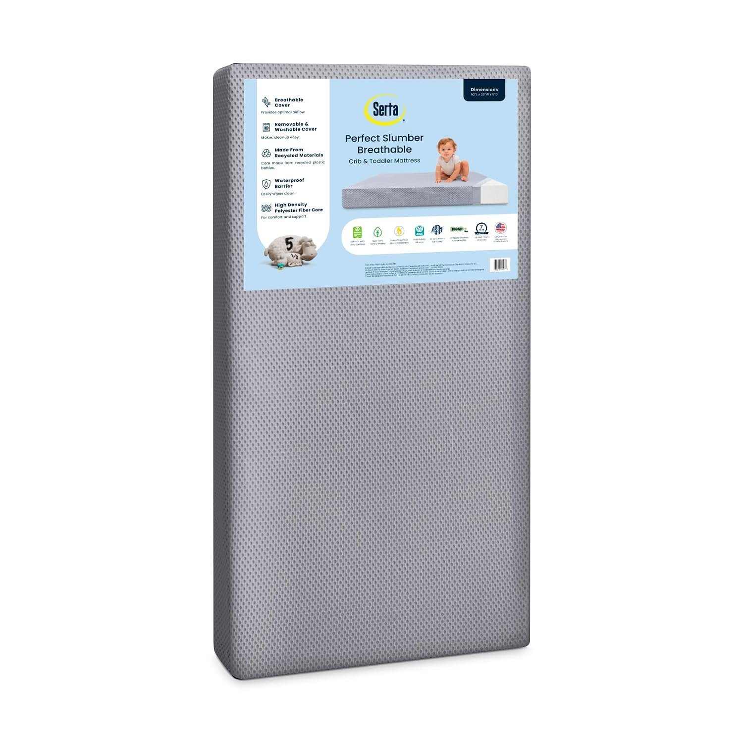 Serta Perfect Slumber Breathable Two-Stage Crib Mattress and Toddler Mattress – Breathable Cover and Fiber Core, Machine Washable Cover, Waterproof, 7 Year Warranty, Made in USA