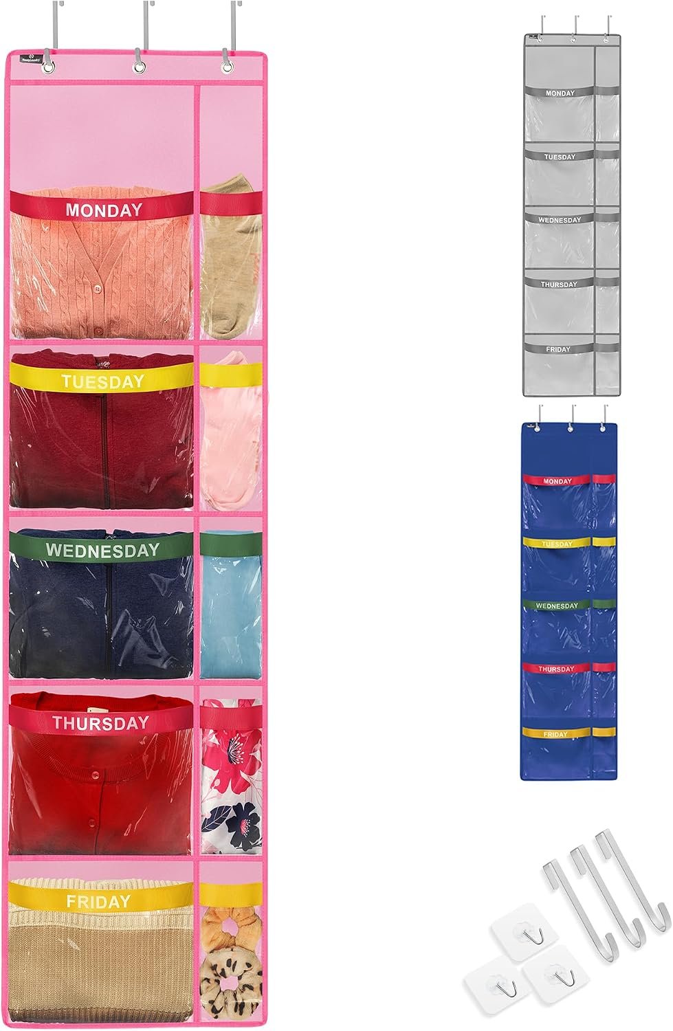 Handy Laundry Weekly Clothes Organizer for Kids, 10 Pocket 5-Shelf Closet | Days of the Week Hanging Closet Shelves, Monday Through Friday & Weekend, School Outfit Storage, Side Pockets, Over-Door