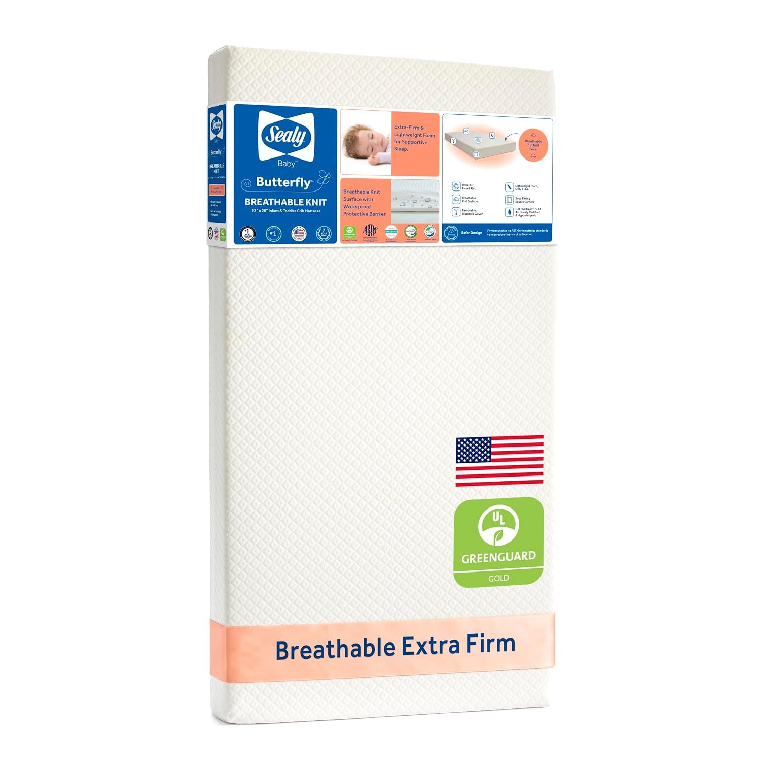 Sealy Baby Infant & Toddler Crib Mattress – Butterfly Knit Premium Foam, Waterproof and Breathable, Non Toxic Washable Zip off Cover, GREENGUARD GOLD Certified, Made in USA, 52×28