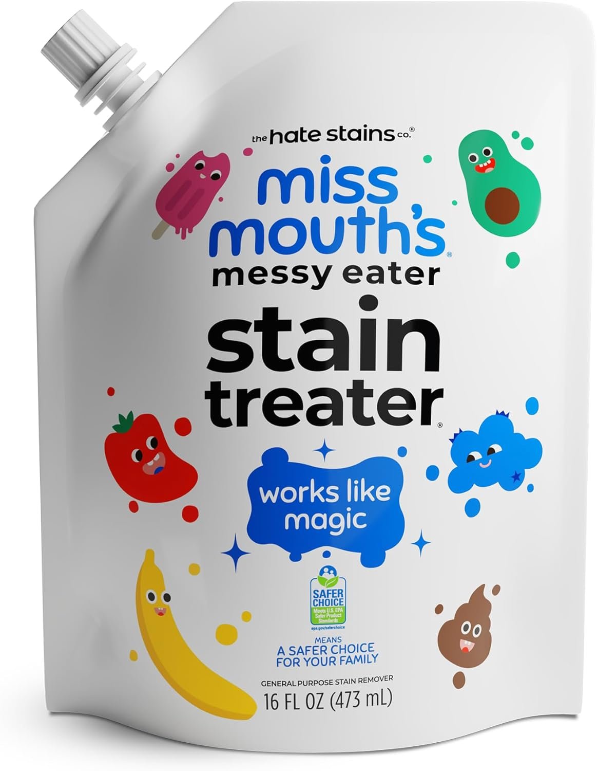 Miss Mouth’s Messy Eater Refill, Laundry Stain Remover, 16 Oz Pouch | Easy Refill; Newborn & Baby Essentials; Cleans Food, Grease, Coffee; Use on Laundry, Underwear, Fabric