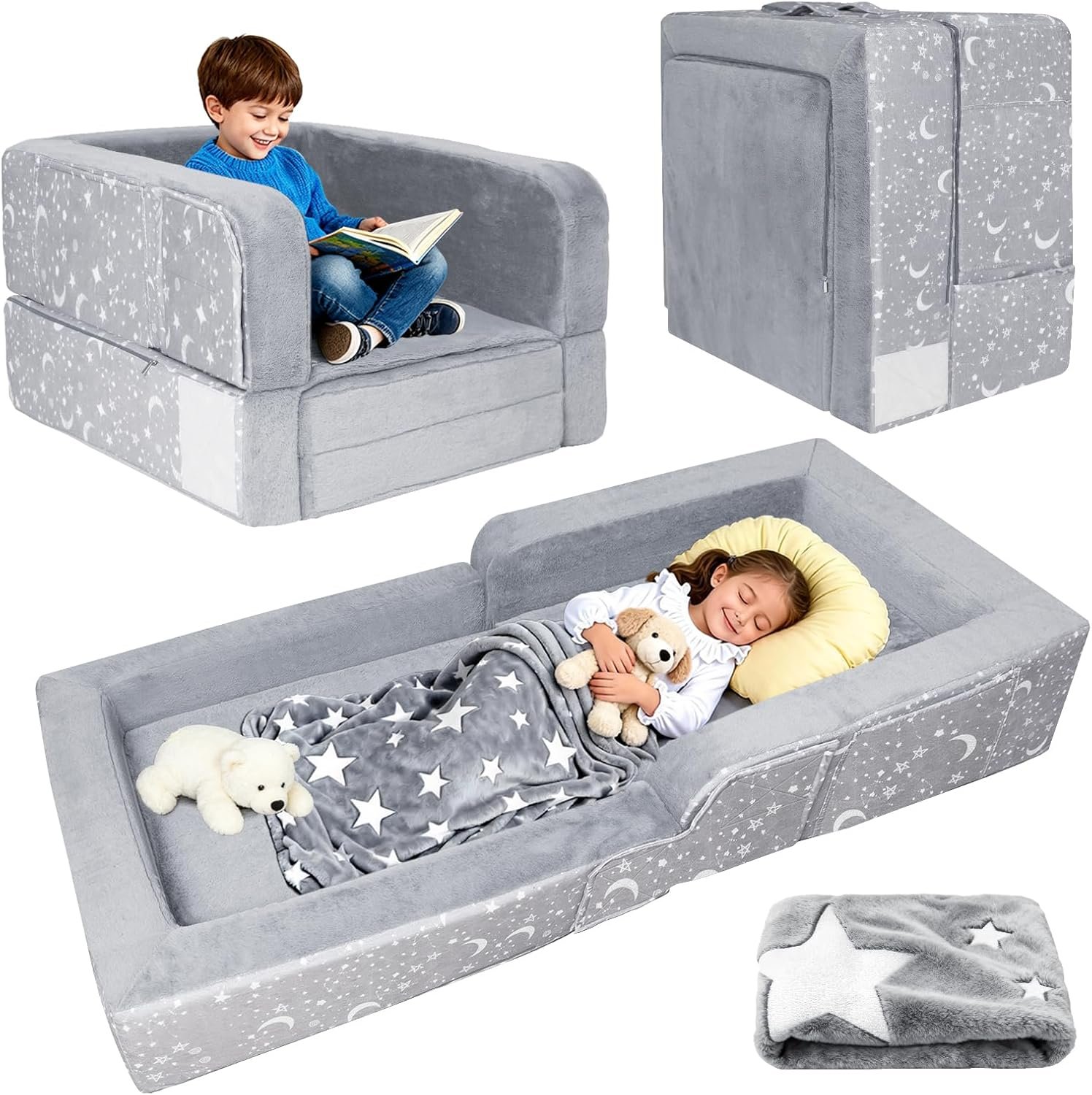 Portable Toddler Travel Bed, 2 in 1 Foldable Toddler Bed for Travel | Soft Kids Floor Bed, Washable Cover, Safety Sides, Blanket for Home, Camping, Hotels and Grandparents’ House, Overnight Stays
