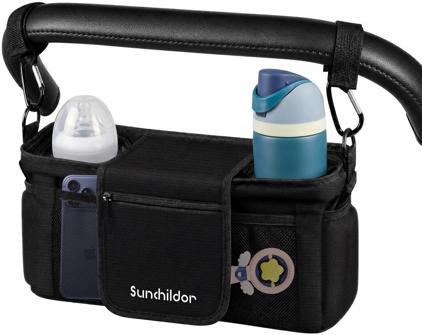 Stroller Organizer Caddy, Deep Cup Holders & Instant Wipe Access | Multiple Pockets, Detachable Shoulder Strap Fits Nuna, Uppababy, Daily Walking & Travel Essentials, Black