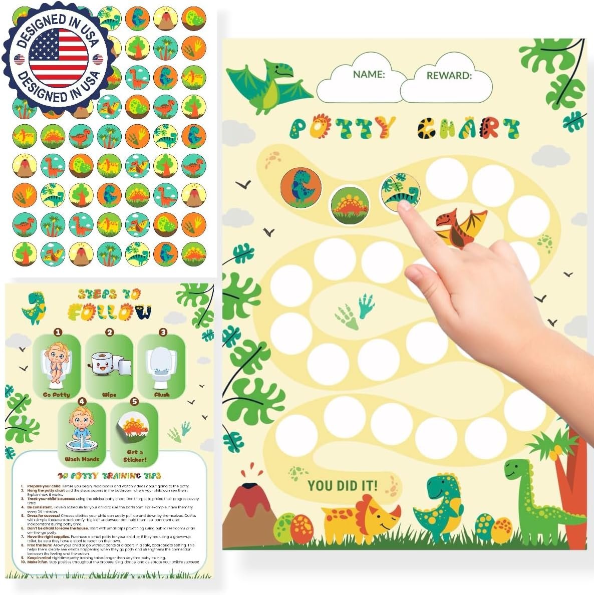 Dinosaur Potty Training Chart for Toddlers Boys with 250+ Reward Stickers | 10 Potty Charts & 250+ Dino Reward Stickers for Toilet Training Success, Motivation & Daily Progress