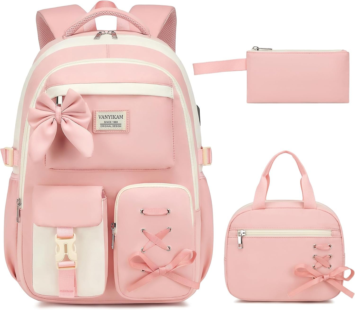 3PCS Girls Backpack for School – Cute Kids Bookbag with Lunch Box & Pencil Case, Multiple Pockets Children’s Backpack Teens Bookbag for Kindergarten Elementary School, Pink Beige
