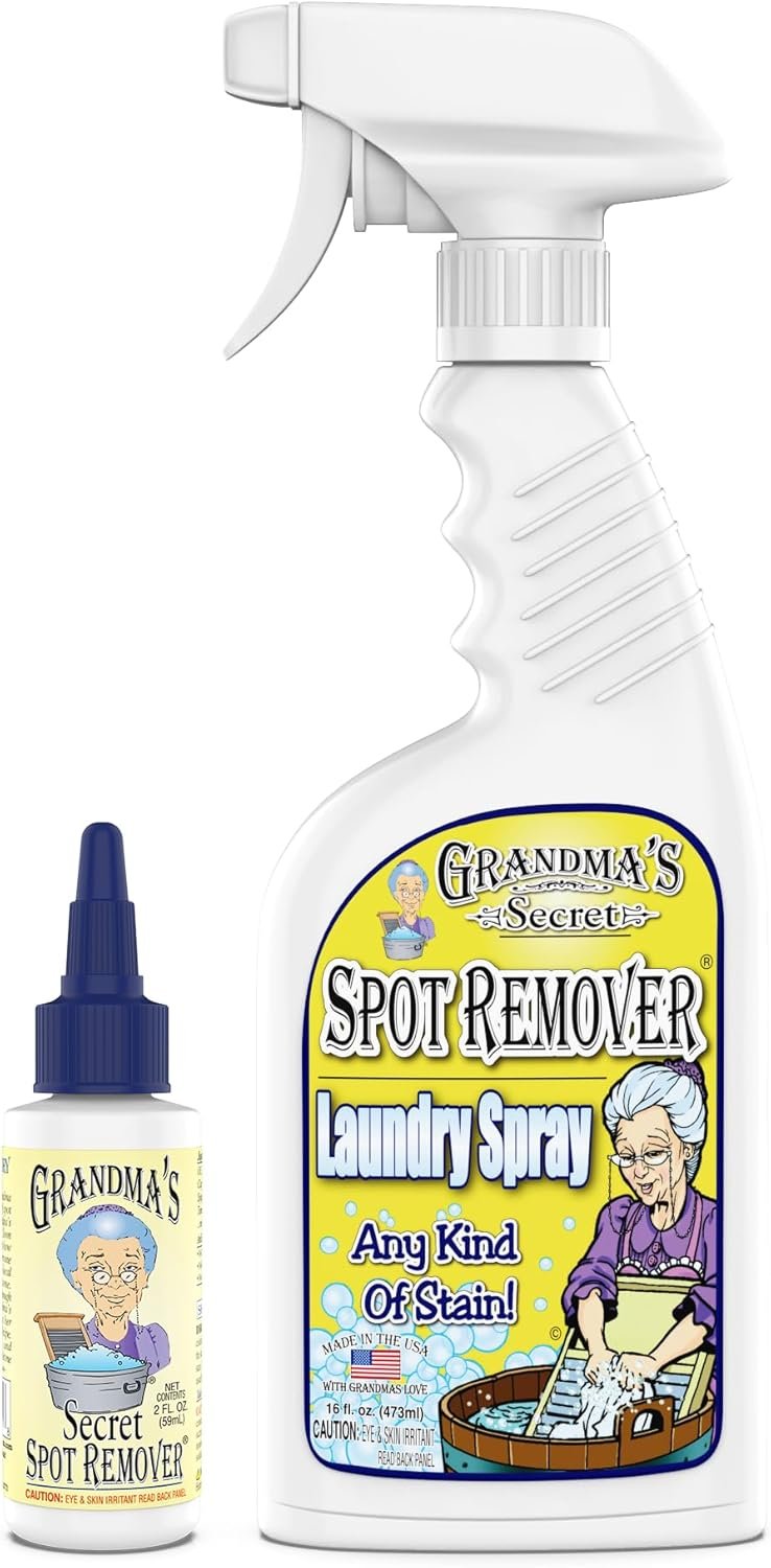Grandma’s Secret Spot Remover Laundry Spray – Chlorine, Bleach and Toxin-Free for Clothes – Fabric Stain Remover Removes Oil, Paint, Blood and Pet Stains – 16 oz & 2 oz Combo, DuoPack