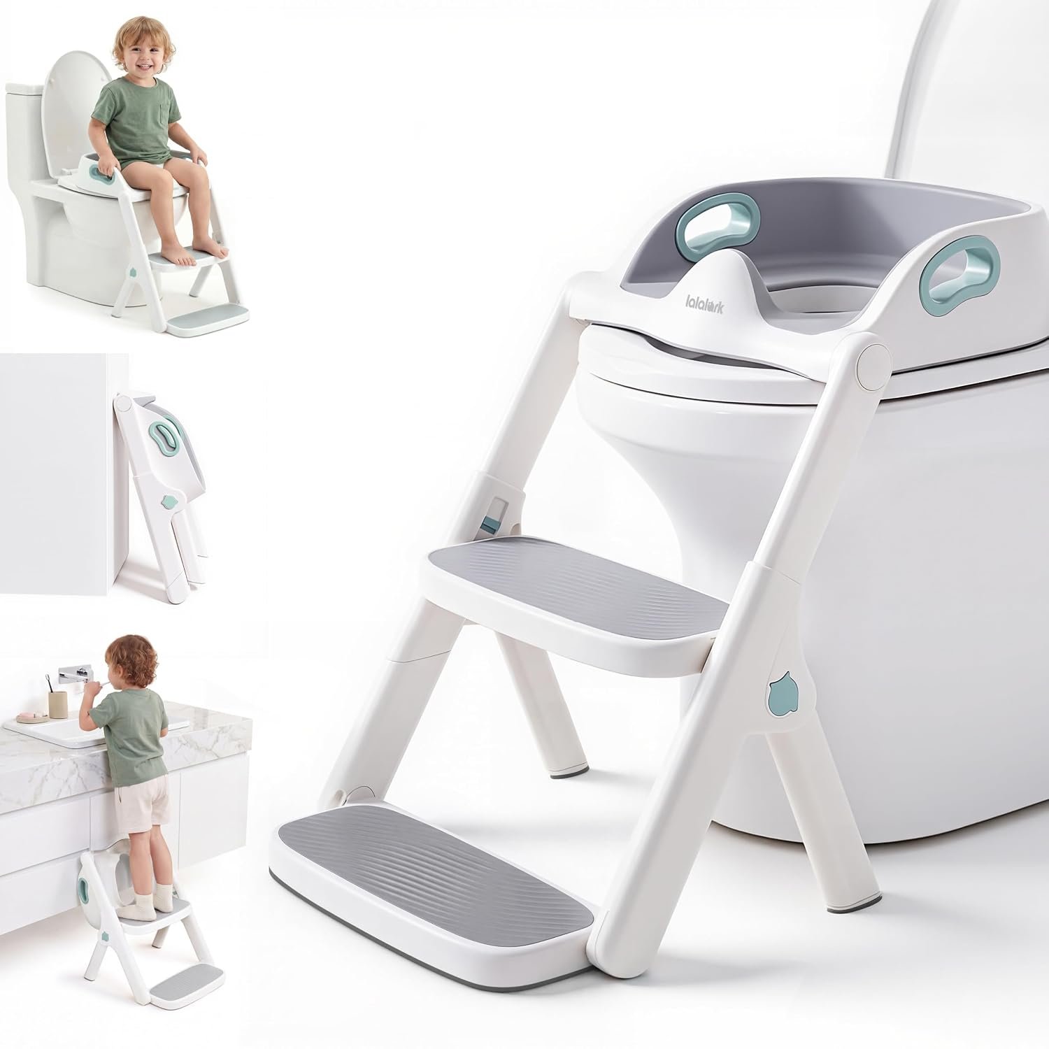 lalalark Potty Training Seat, 2-in-1 Toddler Toilet Seat with Steps, Upgrade Potty Step Stool for Toddler with Anti-Slip Pad Step Stool, Extended Splash Guard, Foldable Potty Ladder Boys Girls, Green