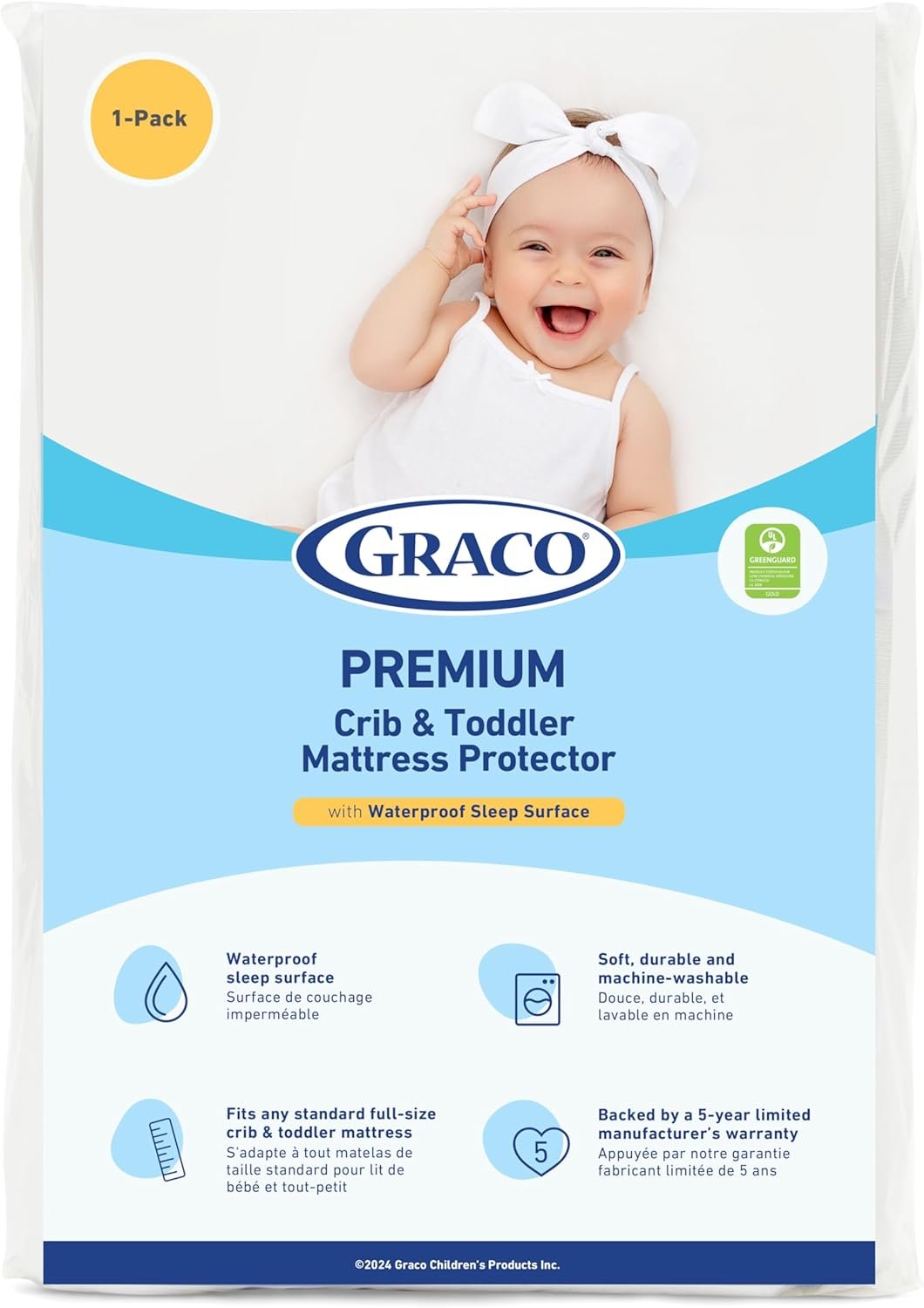 Graco Premium Waterproof Crib and Toddler Mattress Protector, 1 Pack | GREENGUARD Gold Certified, Machine-Washable & Dryer-Friendly, Waterproof Sleep Surface, Fits Baby Crib & Toddler Bed Mattress
