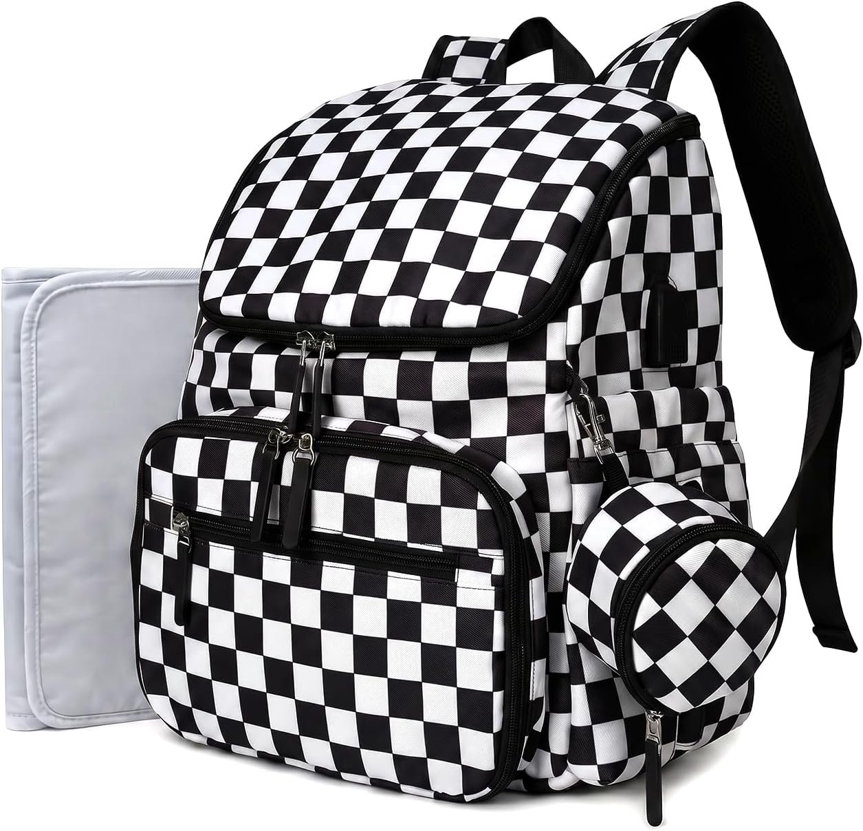 FHELAD Checkered Diaper Bag Backpack with Changing Pad & Stroller Clips, Large Travel Baby Diaper Bag for Newborn Moms, Baby Shower Gifts (Obsidian Black)