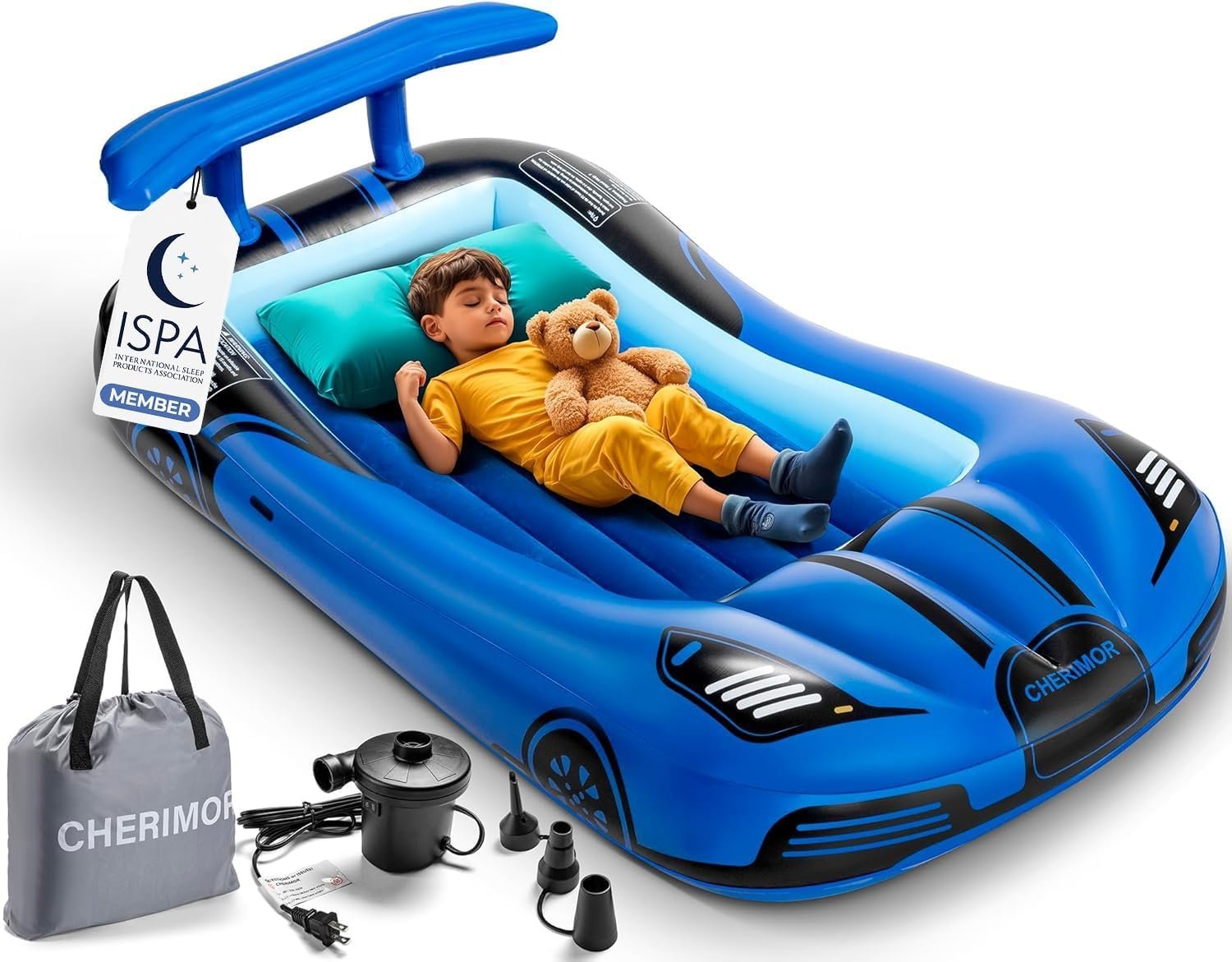 CHERIMOR Inflatable Toddler Travel Bed with Safety Bumpers & 2 Mins Auto Inflation Pump, Portable Toddler Kids Air Mattress with Carry Bag for Home Grandma’s Sleepovers Travel Camping, 330lbs Support