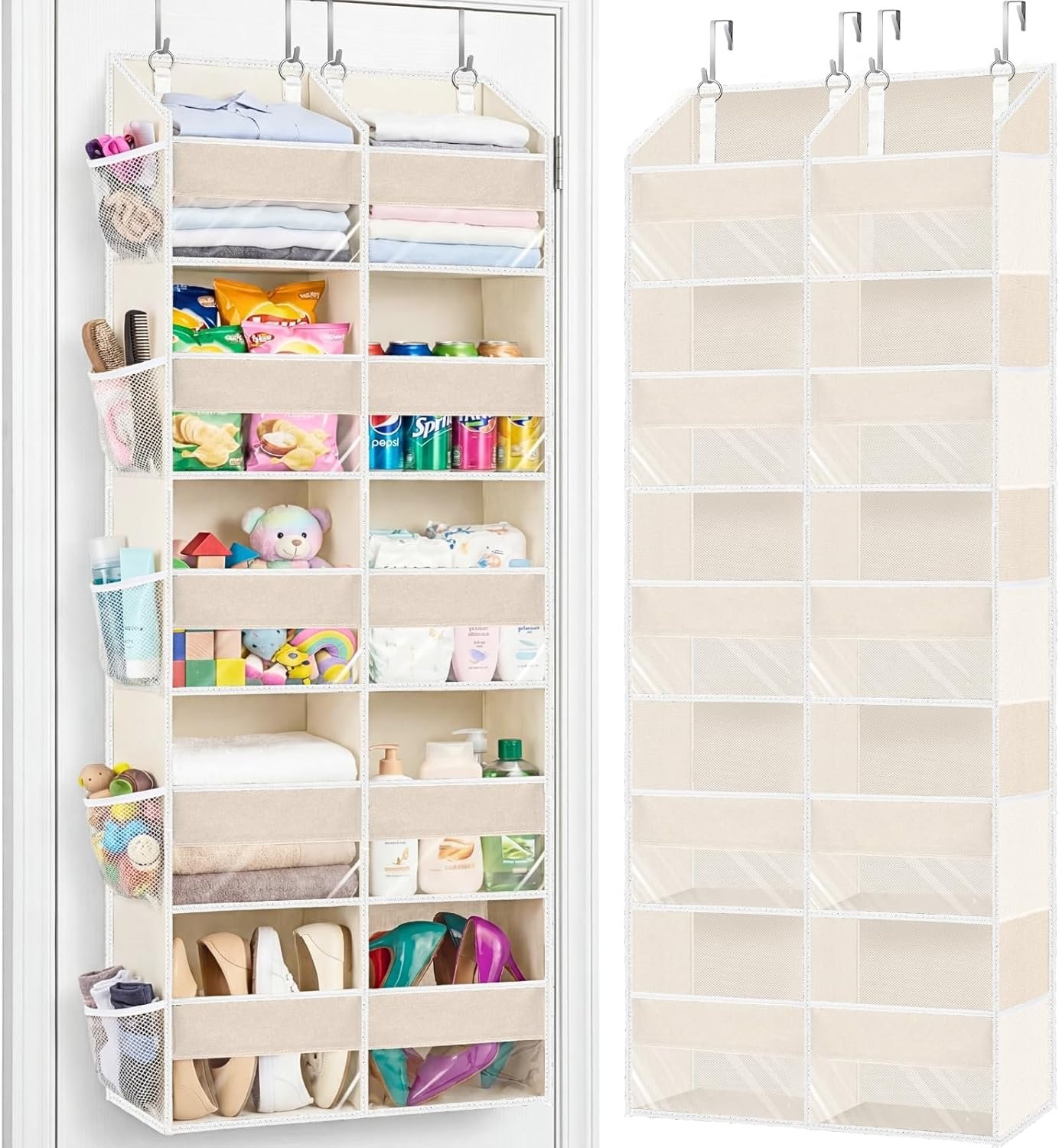 Over the Door Organizer 5 Tiers,Extra Large Behind Door Storage of 10 Compartments,80 lbs Weight Capacity Over the Door Storage, Door Hanging Organizer for Closet, Diaper Organizer, Beige