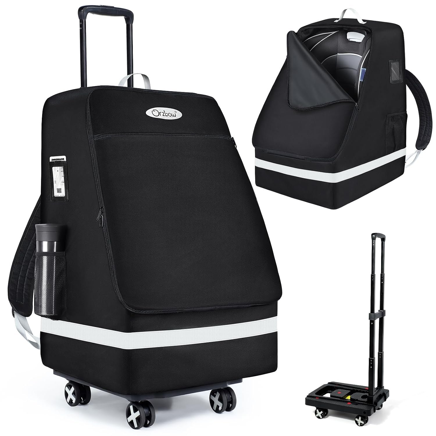 Orzbow Car Seat Carrier for Airport, Folding Car Seat Travel Bag & Cart | Heavy Duty luggage Cart with 4 Wheels, Padded Gate Check Bag Fits Most Infant Car Seats, Easy to Use, Black
