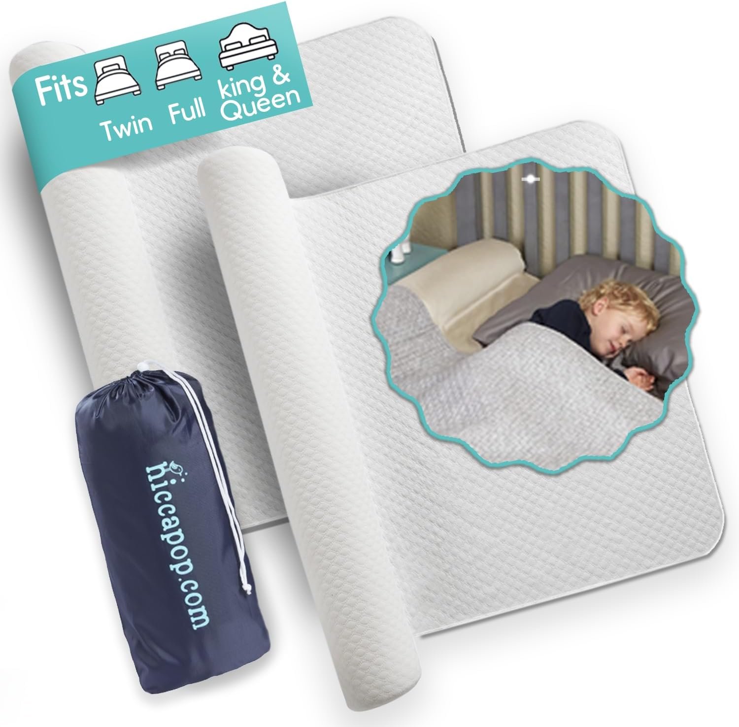 Hiccapop [2-Pack Inflatable Bed Rail for Toddlers | Portable, Blow-up Bed Bumper for King, Queen, Full, with Non-Slip Machine-Washable Cover | Travel Bed Rail for Hotel, Grandma’s, Vacation