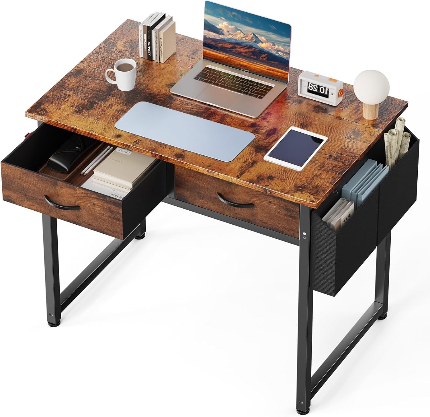 DUMOS 32″ Home Office Computer Desk with Drawers, Small Gaming Writing Study Table with Storage Side Bag, Headphone Hook and Adjustable Feet for Bedroom Rustic Brown