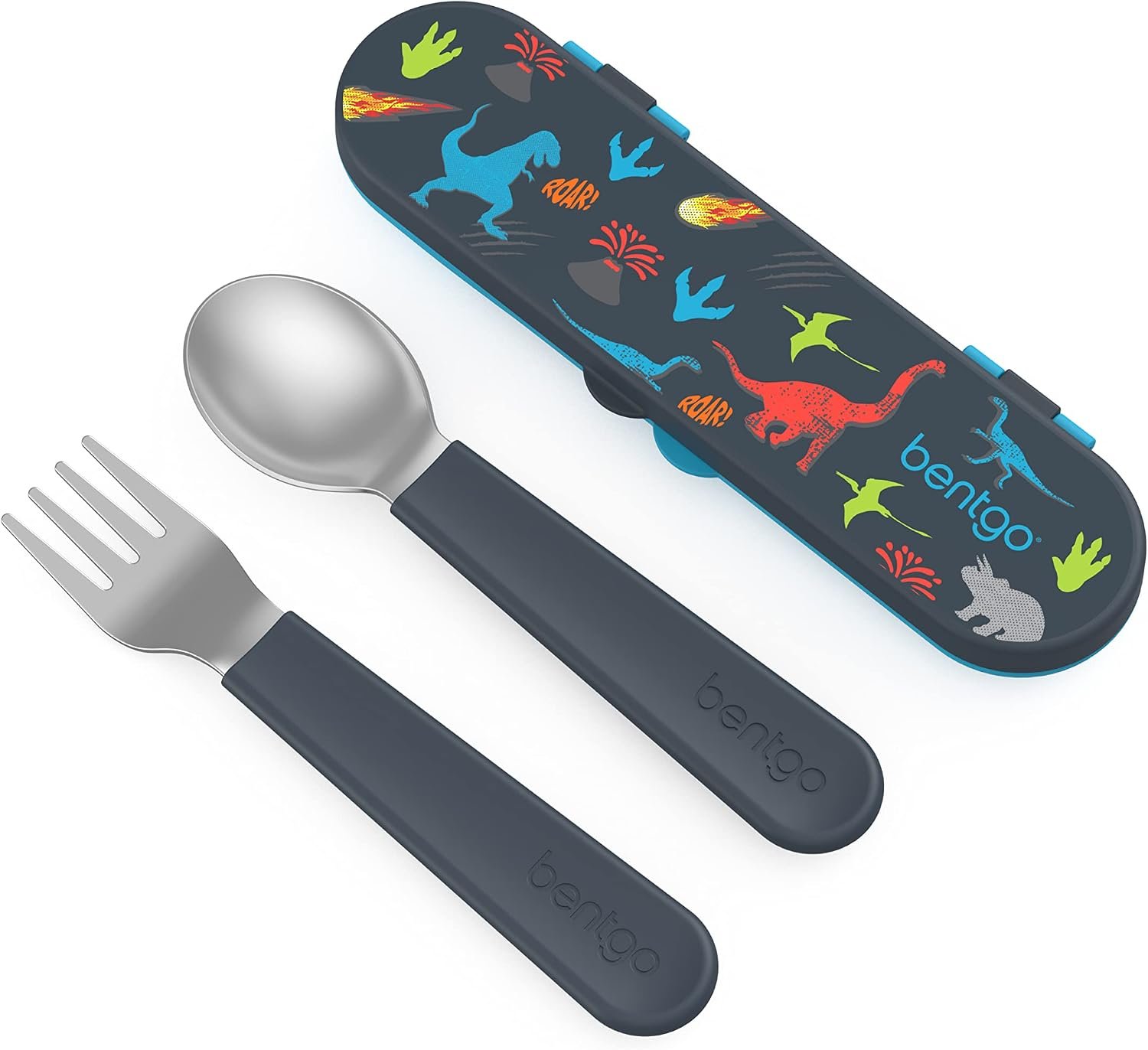 Bentgo Kids Stainless Steel Utensil Set – Reusable Fork, Spoon & Storage Case, PFAS- & BPA-Free, Easy-Grip Handles, Lightweight, Dishwasher Safe, School Lunch, Travel & Outdoors (Dinosaur)
