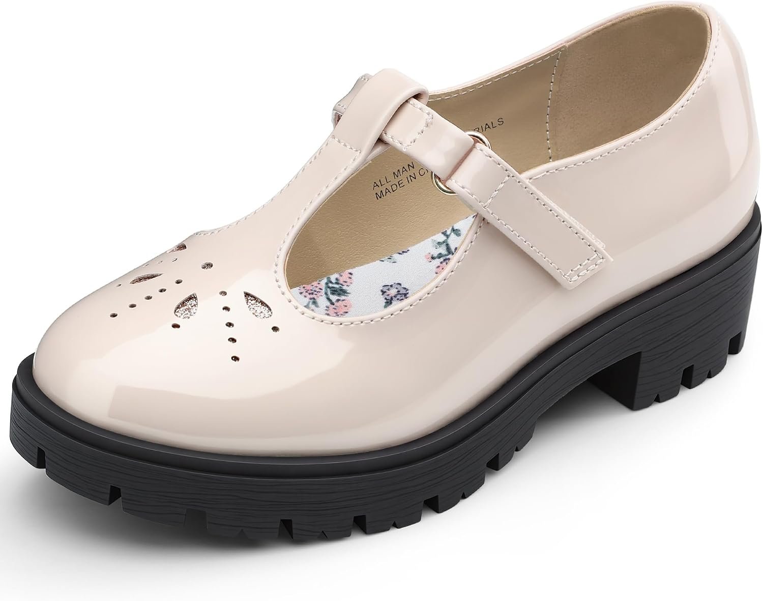 festooning Girls Mary Jane Dress Shoes for School T-Strap | Glossy patent leather, chunky platform sole, preppy school, for uniform daily party, hook loop T-strap, non-slip outsole
