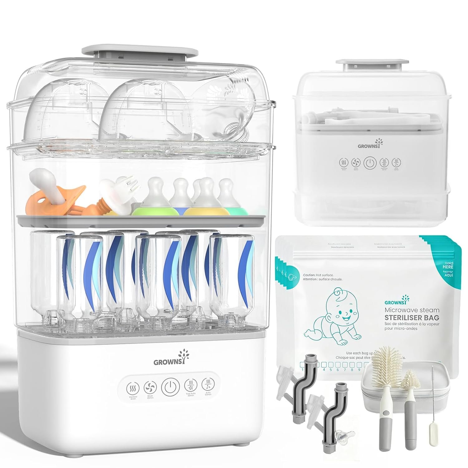 Grownsy 3 Layers-Large Bottle Sterilizer and Dryer, Holds 6 to10 Bottles, Nesting Design Bottle Sanitizer Esterilizador de Biberones for Breast Pump Sterilizer Bags Bottle Brush Included