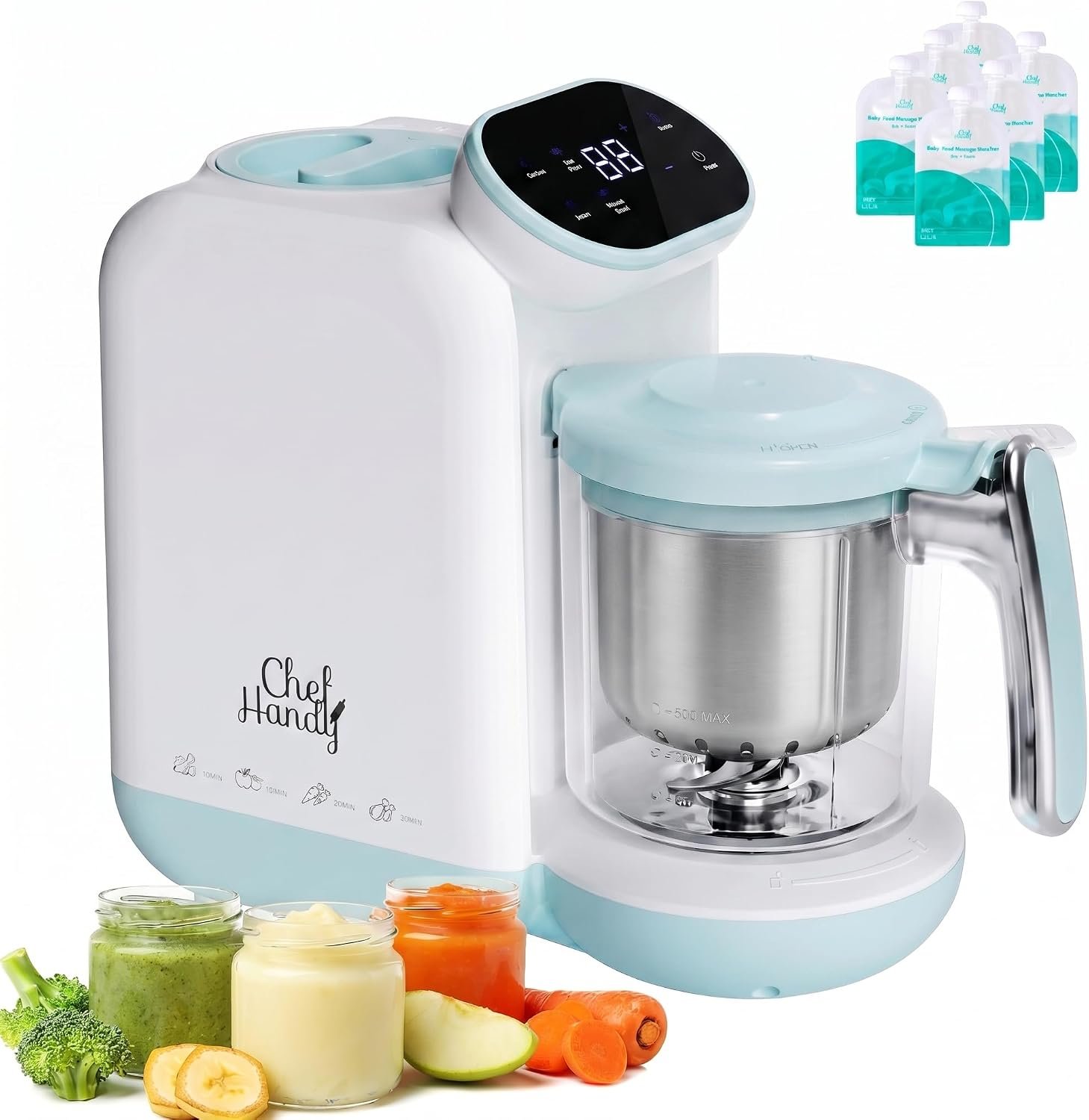 Baby Food Maker with Stainless Steel Steam Basket, One-Step Steam & Blend | All-in-one food processor with BPA-free food-contact parts, adjustable textures, 6 food pouches, plus a recipe guide.