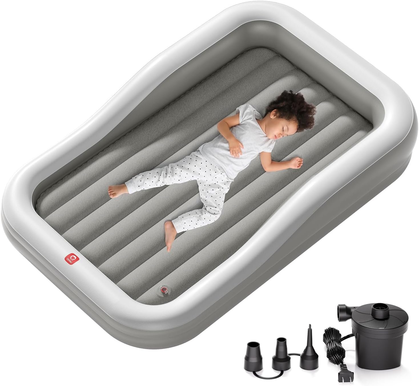 QPAU Inflatable Toddler Travel Bed with 3-Sided Safety Bumpers, Extra Large Kids Air Mattress, Includes Detachable Mattress, Portable for Camping, Travel, Home Use (Grey)