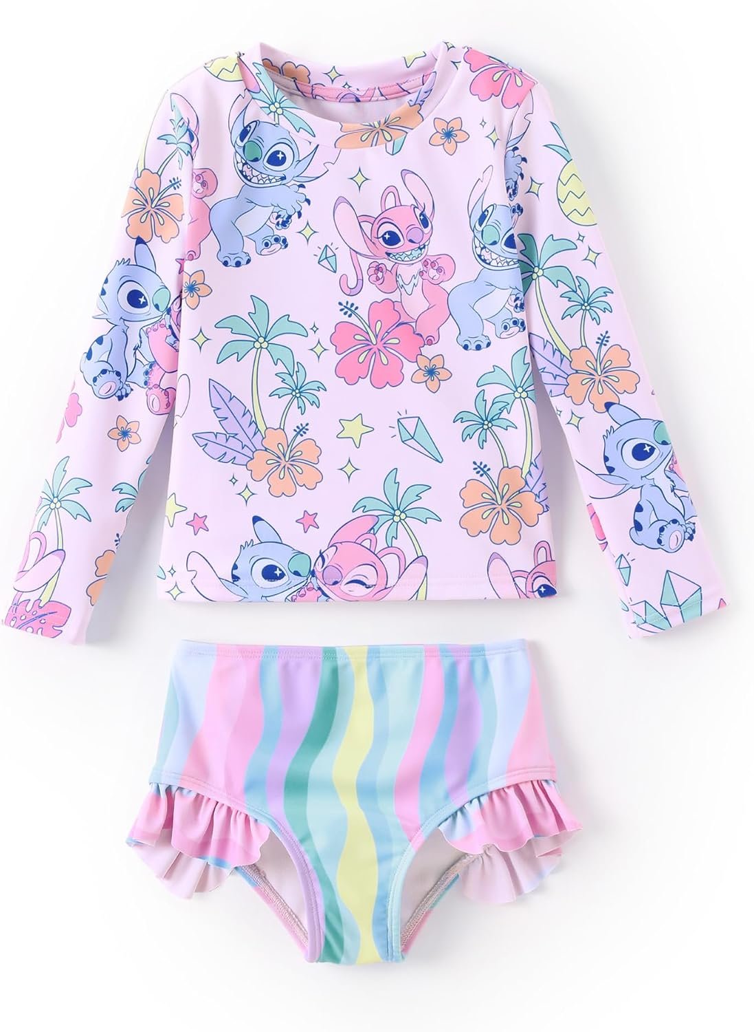 Disney Frozen Elsa Stitch Marvel Toddler Girl Two Piece Long Sleeve UPF50+ Swimsuit Rashguard Sets Bathing Suit