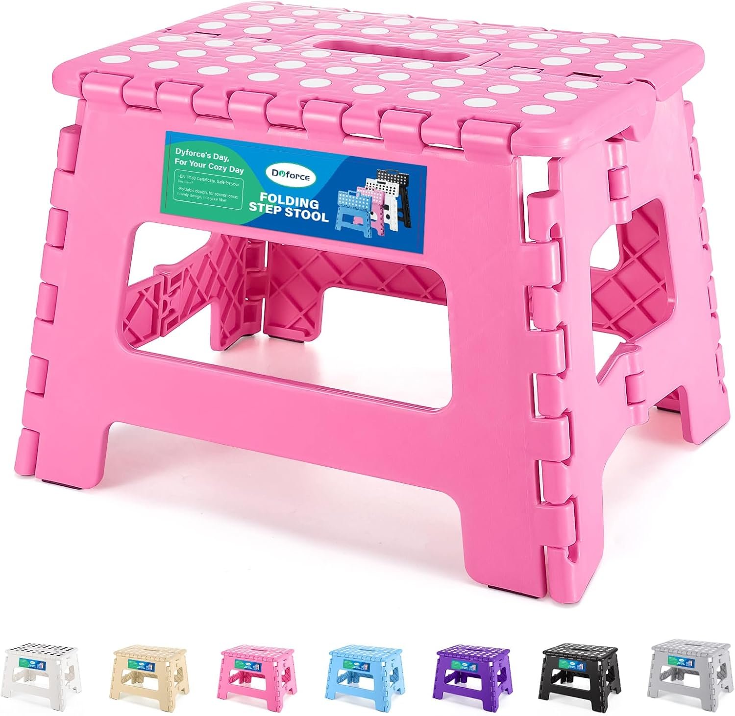 Dyforce Kids Step Stool 9 Inch, 300lbs Folding Step Stool for Toddler | Step stool Pink,Anti-slip Heavy Duty Stool with Handle, Lightweight Foldable Foot Stool for Bathroom Kitchen Bedroom Outdoor