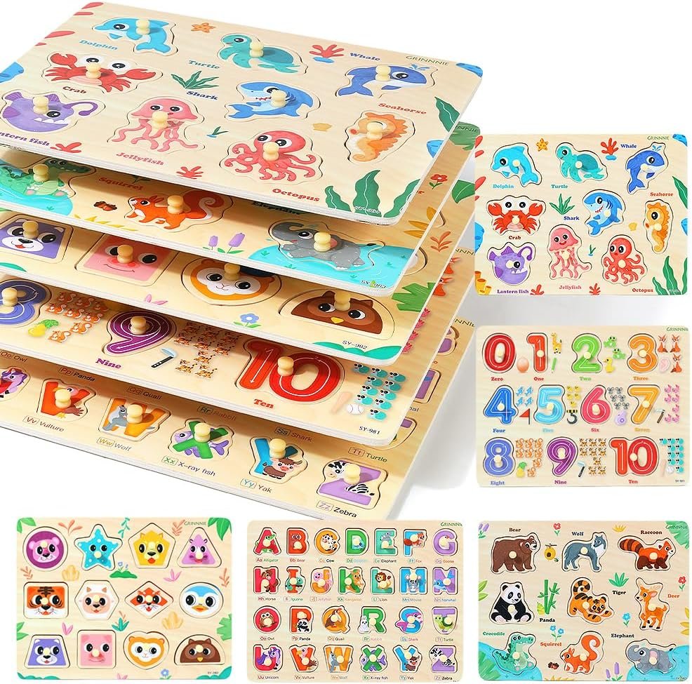 GRINNNIE Wooden Puzzles for Toddlers 3 4 5 Years Old, Montessori Toddler Toys 5PCS Peg Puzzles with Knob – Number, Alphabet, Shape, and Animal, Great Christmas Birthday Gifts for Boys Girls