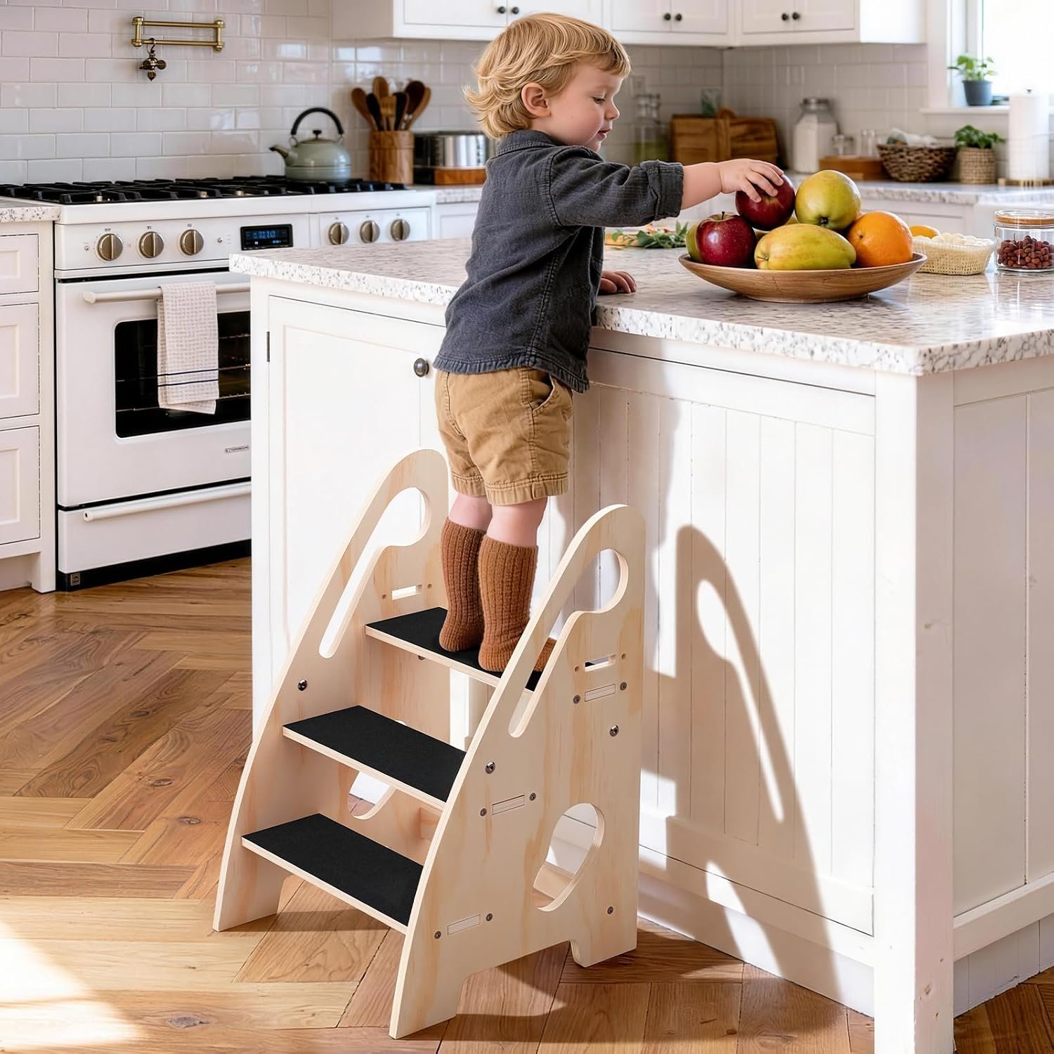 Toddler Step Stool, Wooden Height-Adjustable 3-Step Stool for Kids, Potty Training Stool with Handles and Non-Slip Pads for Bathroom Sink, Kitchen, Bedroom