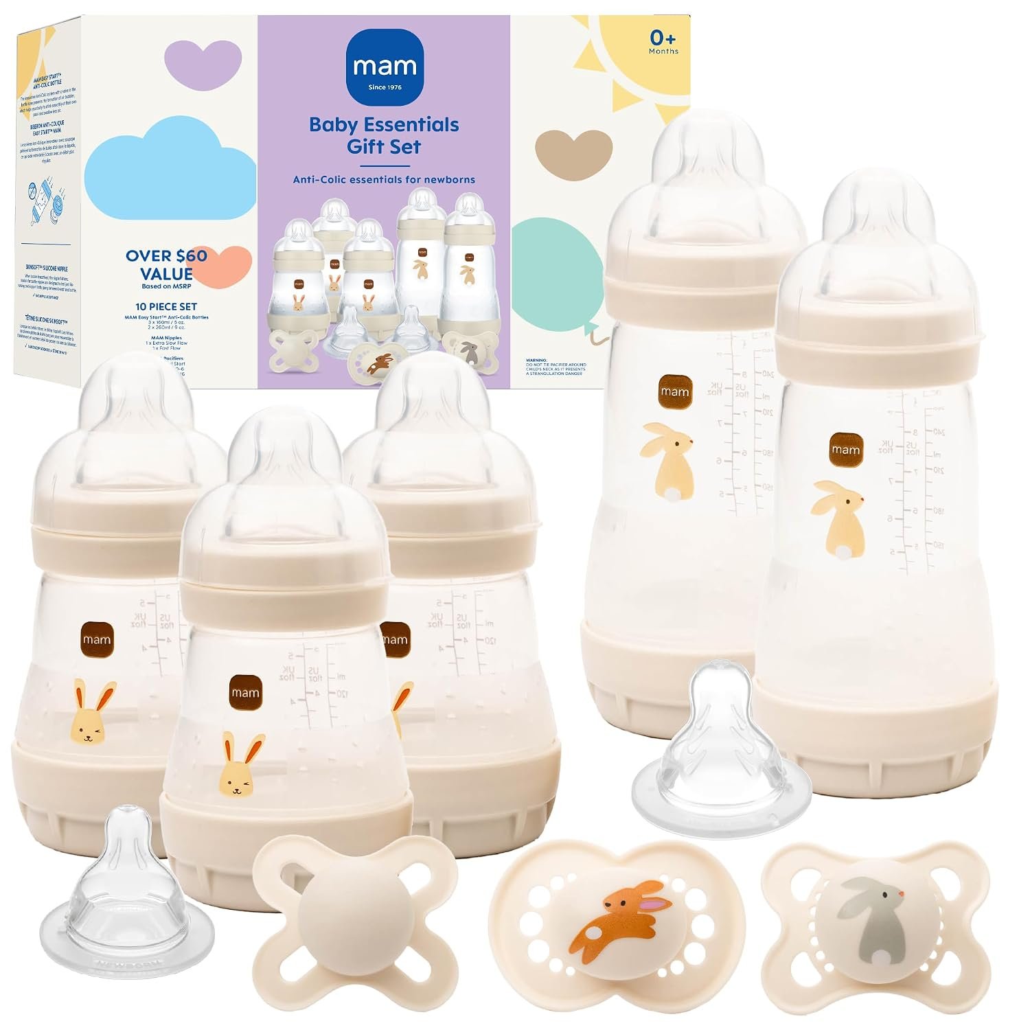 MAM Easy Start Anti-Colic 5 Baby Bottle & 3 Pacifier Newborn Gift Set | 5 Self Sterilizing Bottles (3X 5oz, 2X 9oz) & 3 Original Pacifiers 0–16 Months + Extra Nipples, Made In Europe