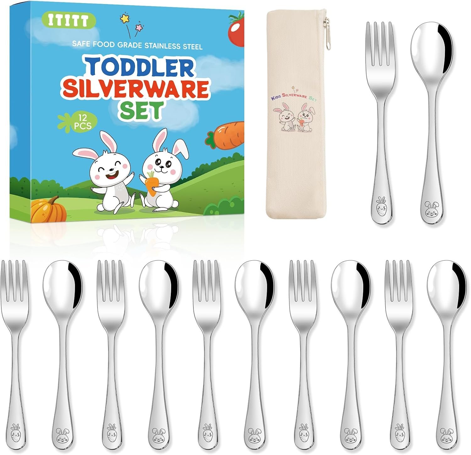 12 Pieces Stainless Steel Toddler Utensils Set – Food Grade Kids Silverware Set Children Safe Small Forks and Spoons Mirror Polished Sturdy and Durable Dishwasher Safe