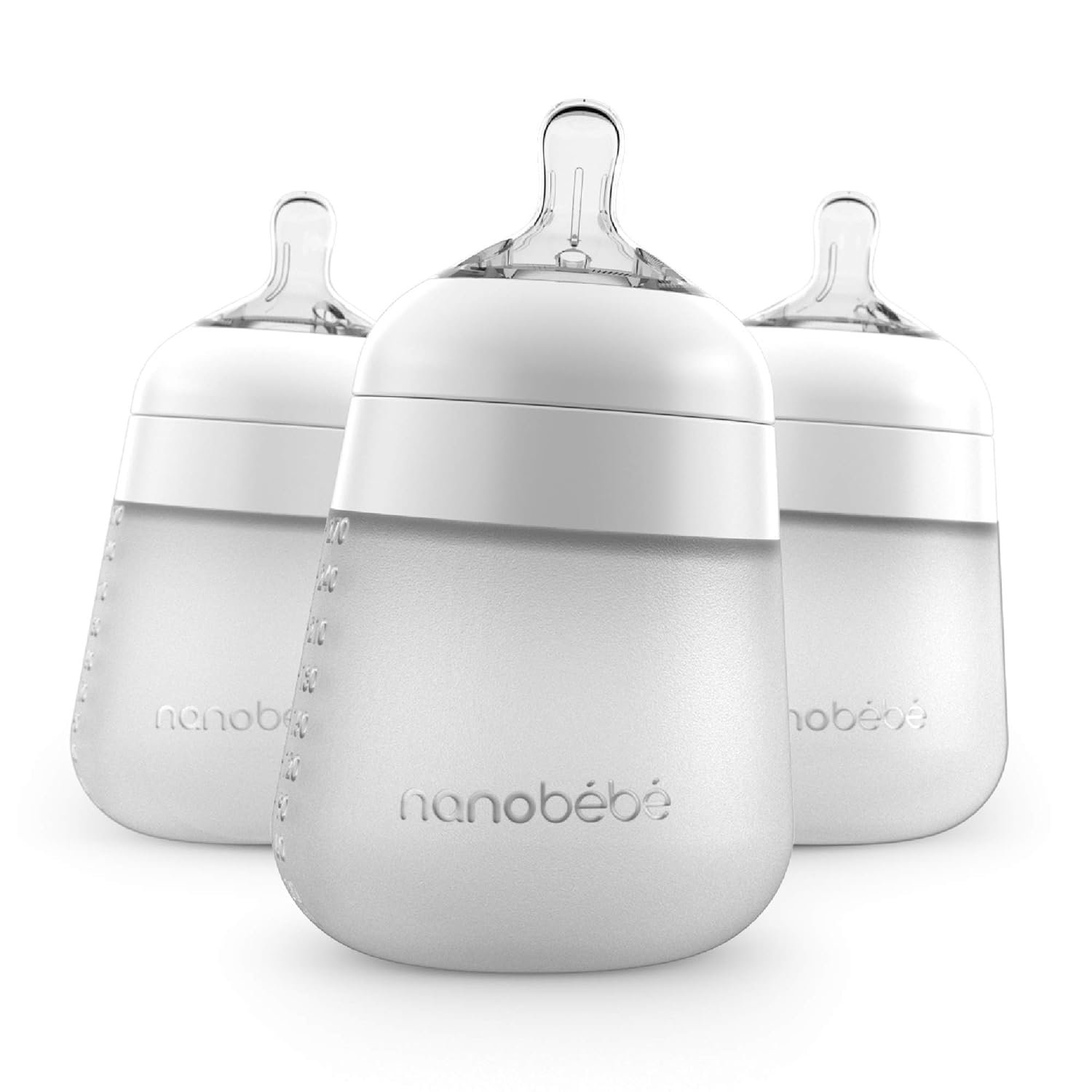 Nanobebe Flexy Silicone Baby Bottle, Anti-Colic, Natural Feel, Non-Collapsing Nipple, Non-Tip Stable Base, Easy to Clean, 3-Pack, White, 9oz