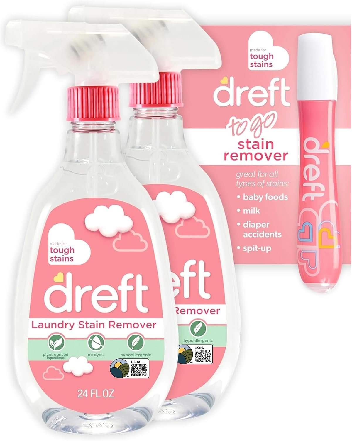 Dreft Stain Remover for Baby Clothes and Hypoallergenic Baby Stain Remover Spray Plus Travel Size Stain Treater Pen, 24 Fl Oz ( Pack of 2 + Stain Pen)