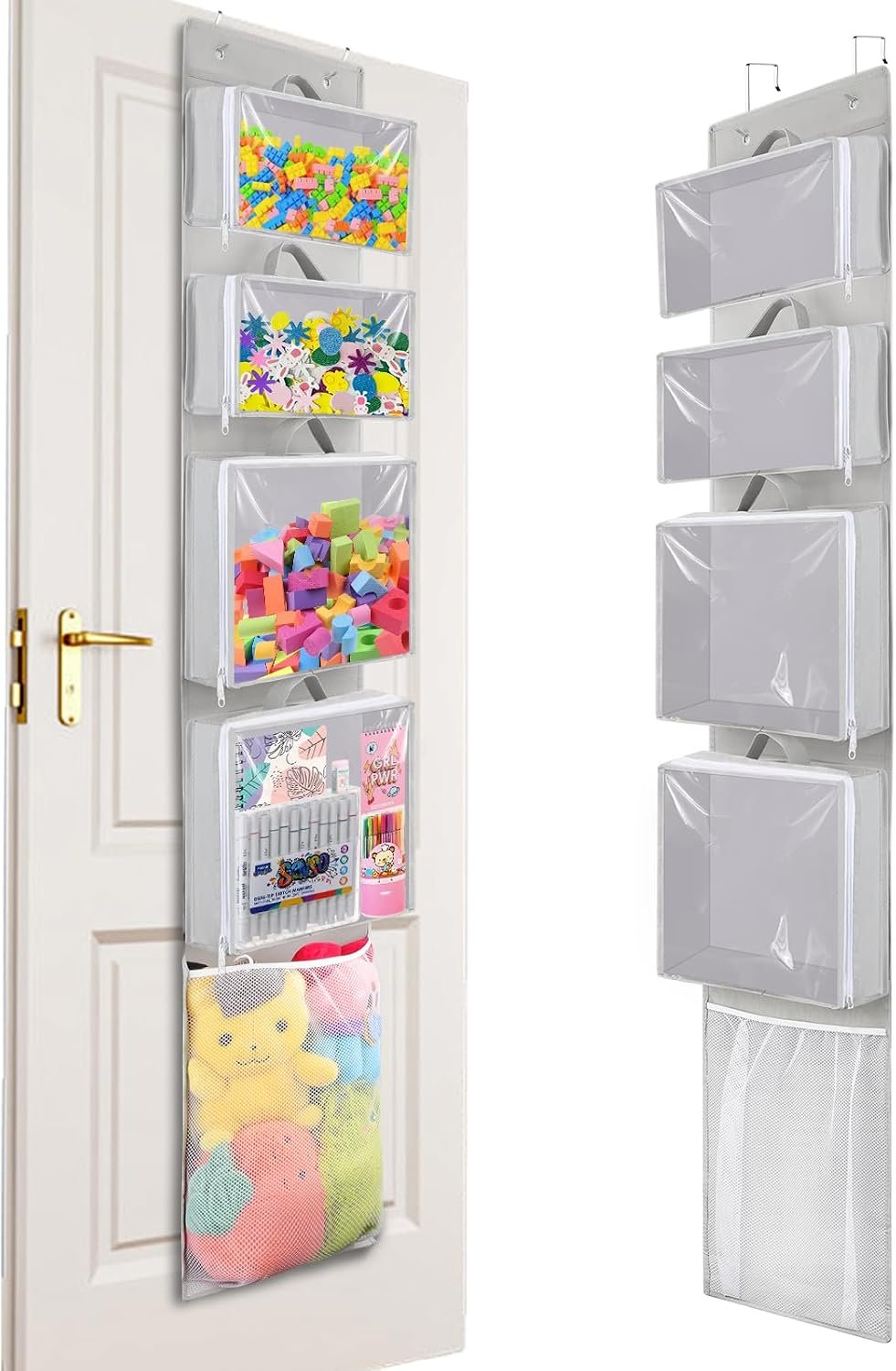 Over Door Toy Organizer, Hanging Stuffed Animal Storage with Removable Bags | Gray Toy Storage Case Behind Door for Block, Puzzle, Bi-Fold Closet Holder Idea with Mesh Pocket, Kid Boy Girl Nursery Room