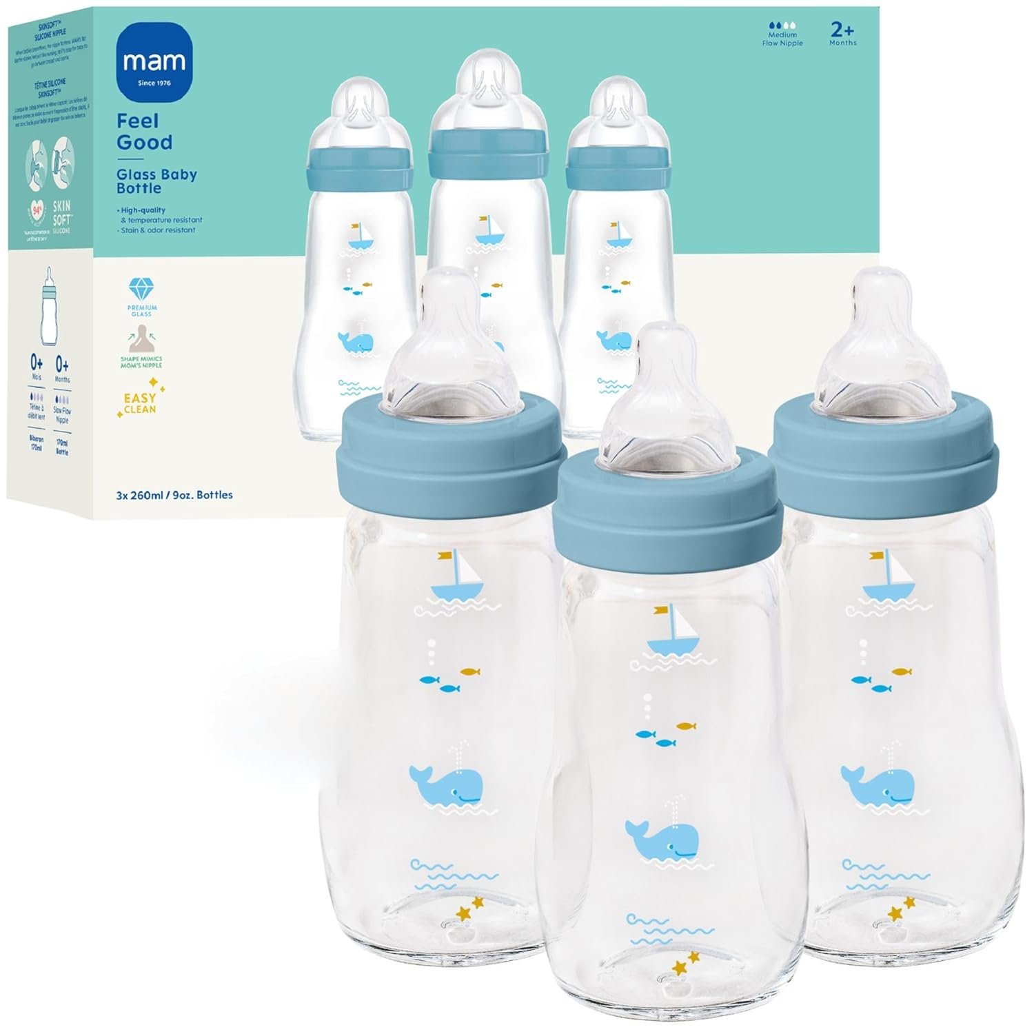 MAM 9oz Pure Glass Feel Good Anti-Colic 2+ Months Baby Bottle, 3 Pack, Boy | Medium Flow Skin Soft Silicone Nipple, Easy Clean, BPA Free, Easy Switch Between Breast & Bottle, Made In Europe