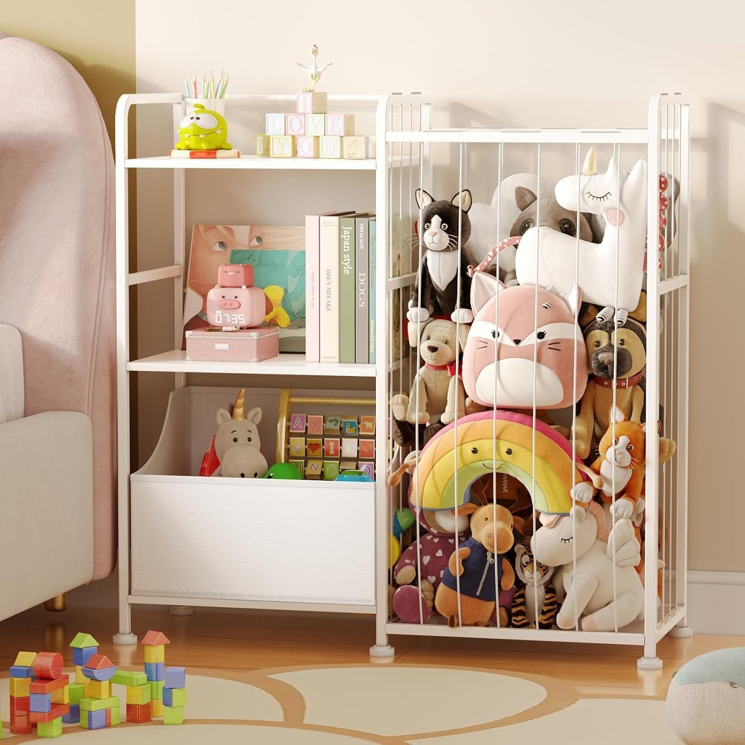 BBLIKE Kids Bookshelf and Toy Storage Organizer, Stuffed Animal Storage Holder with Fabric Toy Chest, 2-Tier Toddler Book Shelf for Kids Room, Playroom, Nursery, White