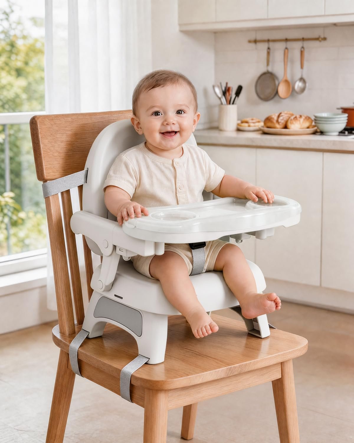 Baby Booster Seat for Kitchen Chair, 3-in-1 Portable Booster Seat | 3-Point Harness, 6–24M Babies (Up to 30 lbs), Dishwasher-Safe Top Tray + Play Tray, Foldable for Mealtime & Travel, Gray
