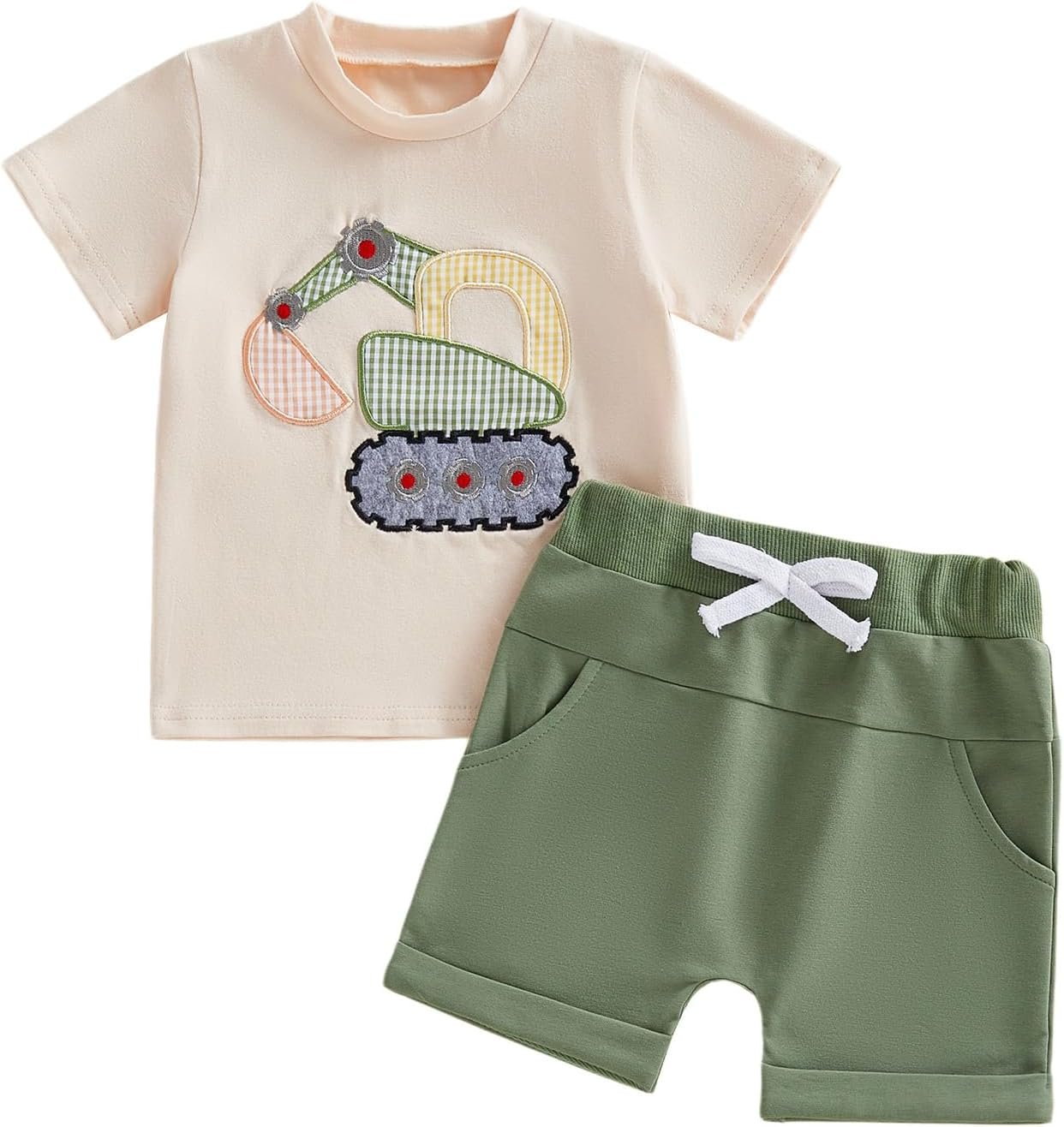 FOCUSNORM Toddler Baby Boy Summer Clothes Excavator Embroidery Short Sleeve T-Shirt Elastic Waist Shorts Set 2 Piece Outfit