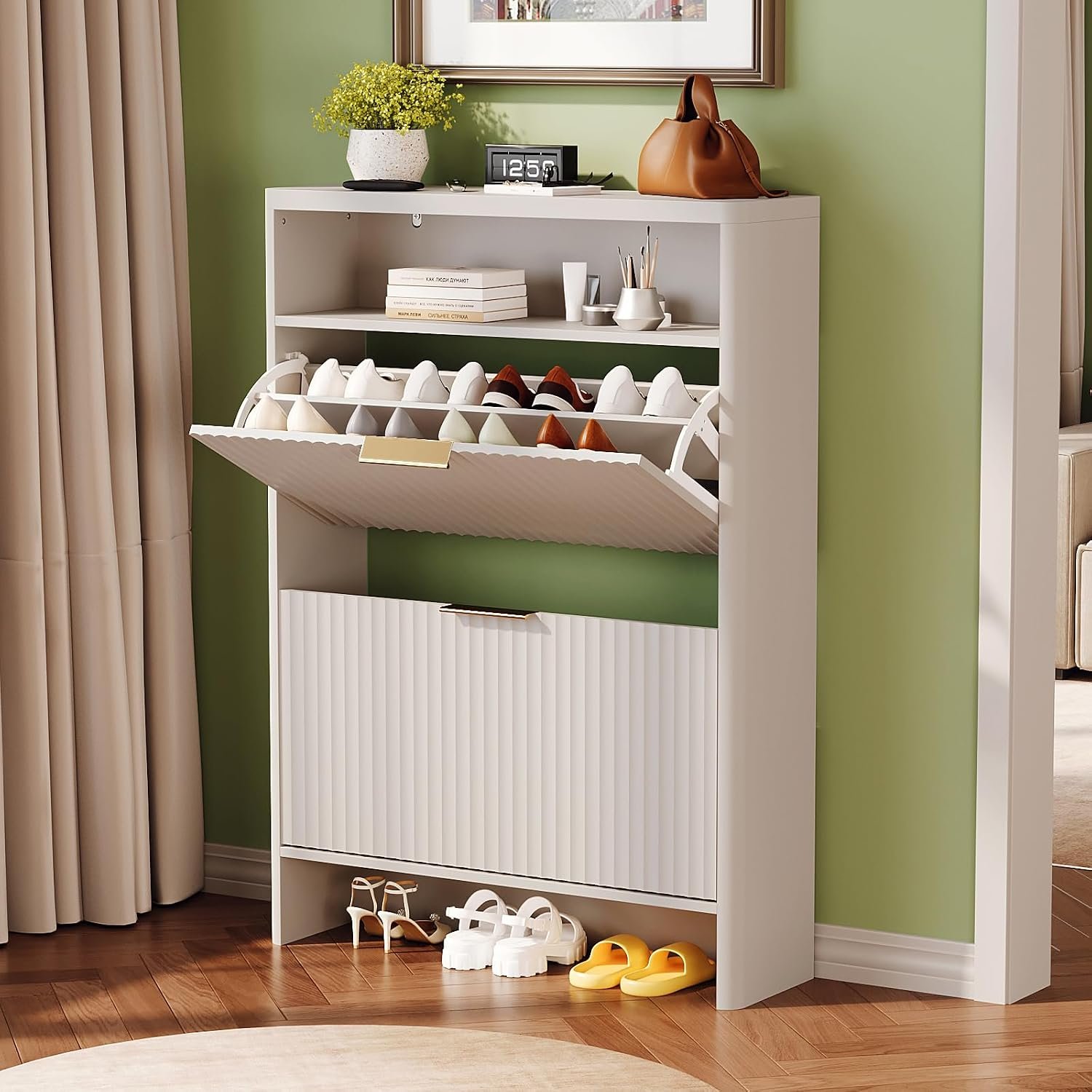 VINGLI White Slim Shoe Cabinet with Curved Edges, Modern Hidden Shoe Storage Organizer with 2 Flip Drawers & Open Shelf, Narrow White Shoe Cupboard with Fluted Panel & Anti-Tip Kit, 32.7″ W