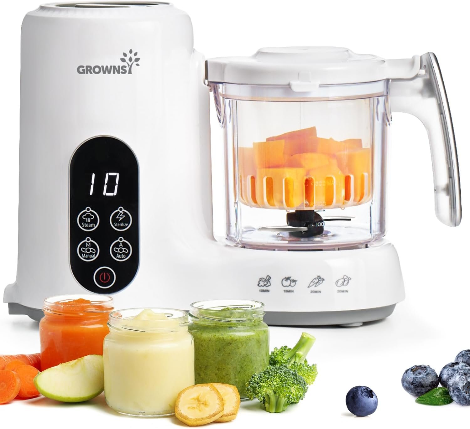Grownsy Baby Food Maker, Steamer & Blender Baby Food Processor, White | BPA-Free Elevated Steam Basket, Healthy Homemade Baby Food Purees, Starting Solids & BLW, Baby Feeding Essentials, 6+ Months