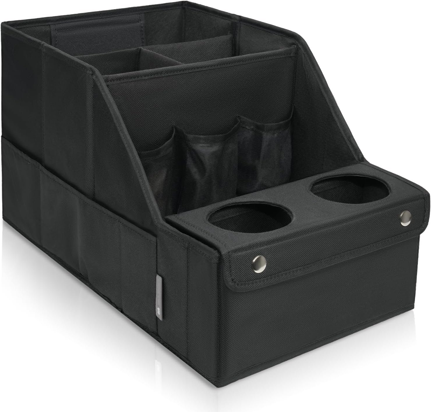 MULISOFT Car Backseat Organizer with 11 Compartments & 2 Cup Holders, Black | Made from durable Oxford fabric with a waterproof surface, anti-slip buckles, and a foldable design for easy storage.