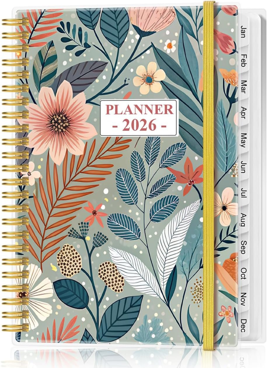 2026 Planner – Planner 2026 from January 2026 – December 2026, Weekly & Monthly Planner Spiral Bound with 12 Monthly Tabs, Inner Pocket, 6.4″ x 8.5″, Flower-A