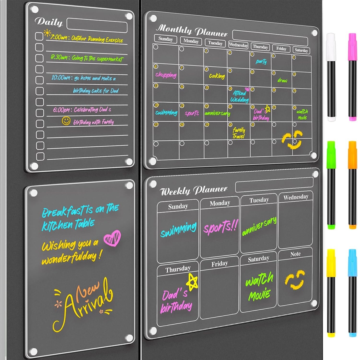 DIYMAG Magnetic Calendar, Fridge Magnets for Whiteboard 4 PCS Dry Erase | Clear Monthly Weekly Daily Memo Acrylic Planning Boards Apartment Essentials for Refrigerator