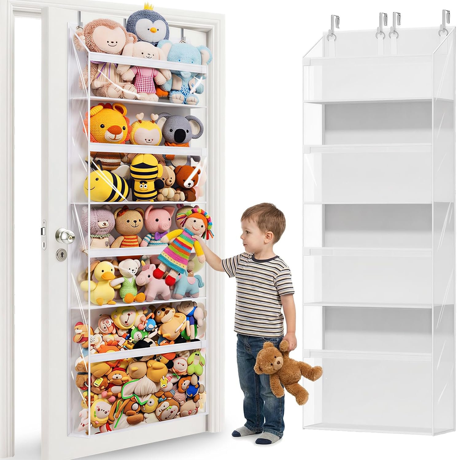 UVIAHOMI Heavy Duty Stuffed Animal Storage, 4-Tier Clear Extra Large Over The Door Organizer for Stuffies, Baby Ideas Holder, Toy Plush Hanging Organizer Big Girls Toddler Bag Animals Stuffy, White