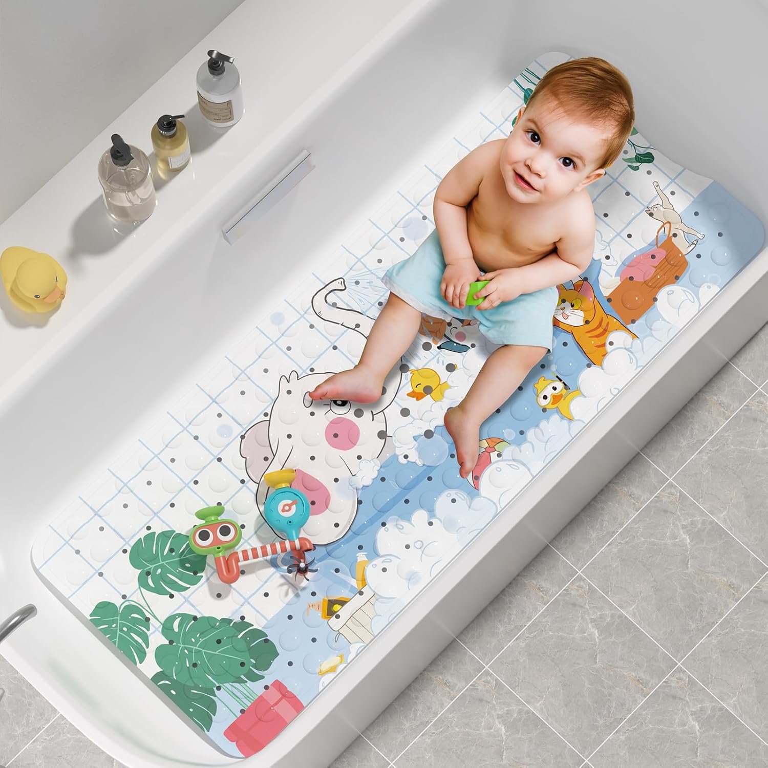 AmazerBath Baby Bath Mat Non Slip, Cartoon Kids Bath Mat for Tub 40 x 16 Inches Full Size, Non Slip Bathtub Mat with Suction Cups and Drain Holes, Shower Stall Mats – Elephant
